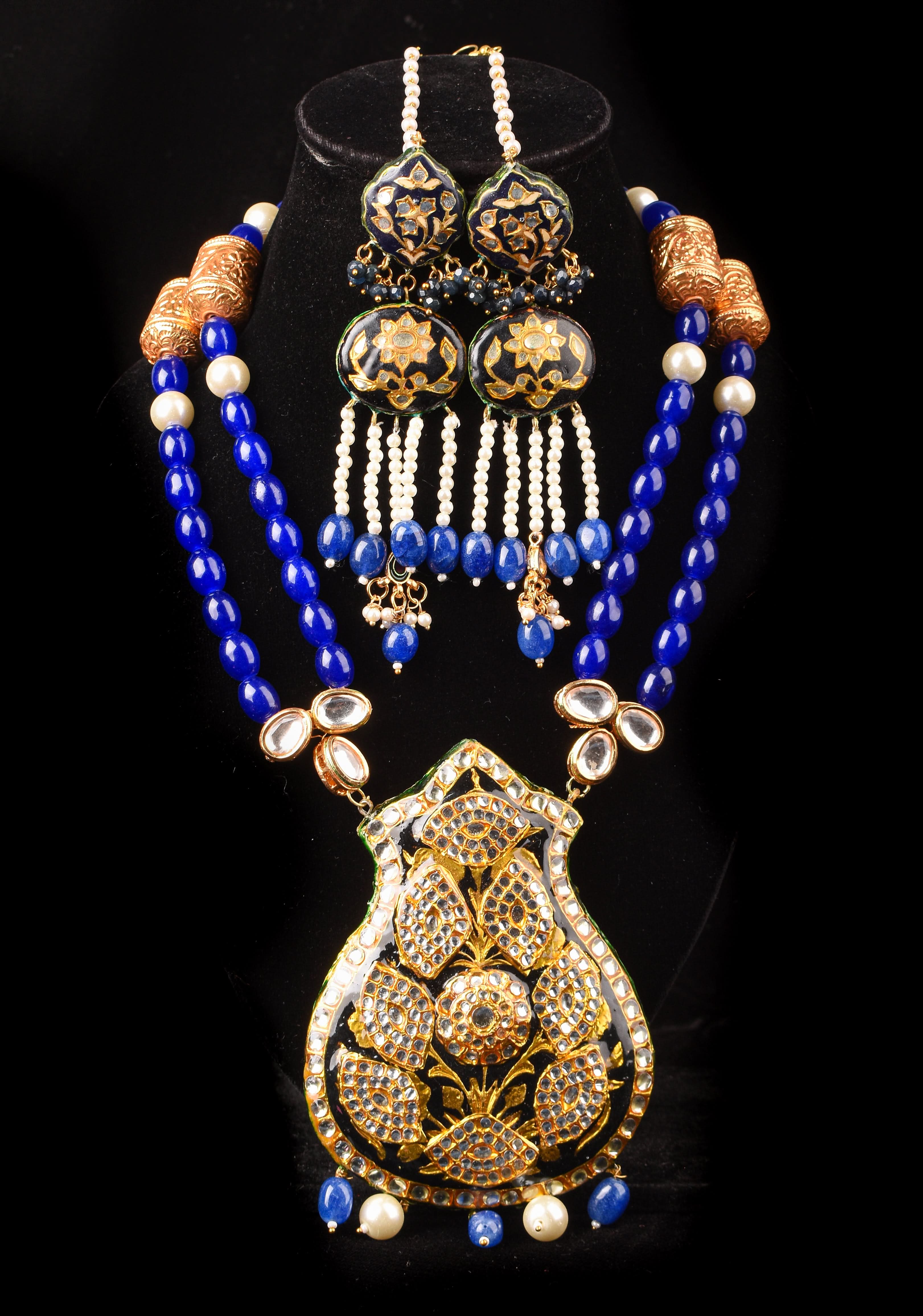 Blue Double Strand Necklace Set with Large Pendant| Shobitam Jewelry