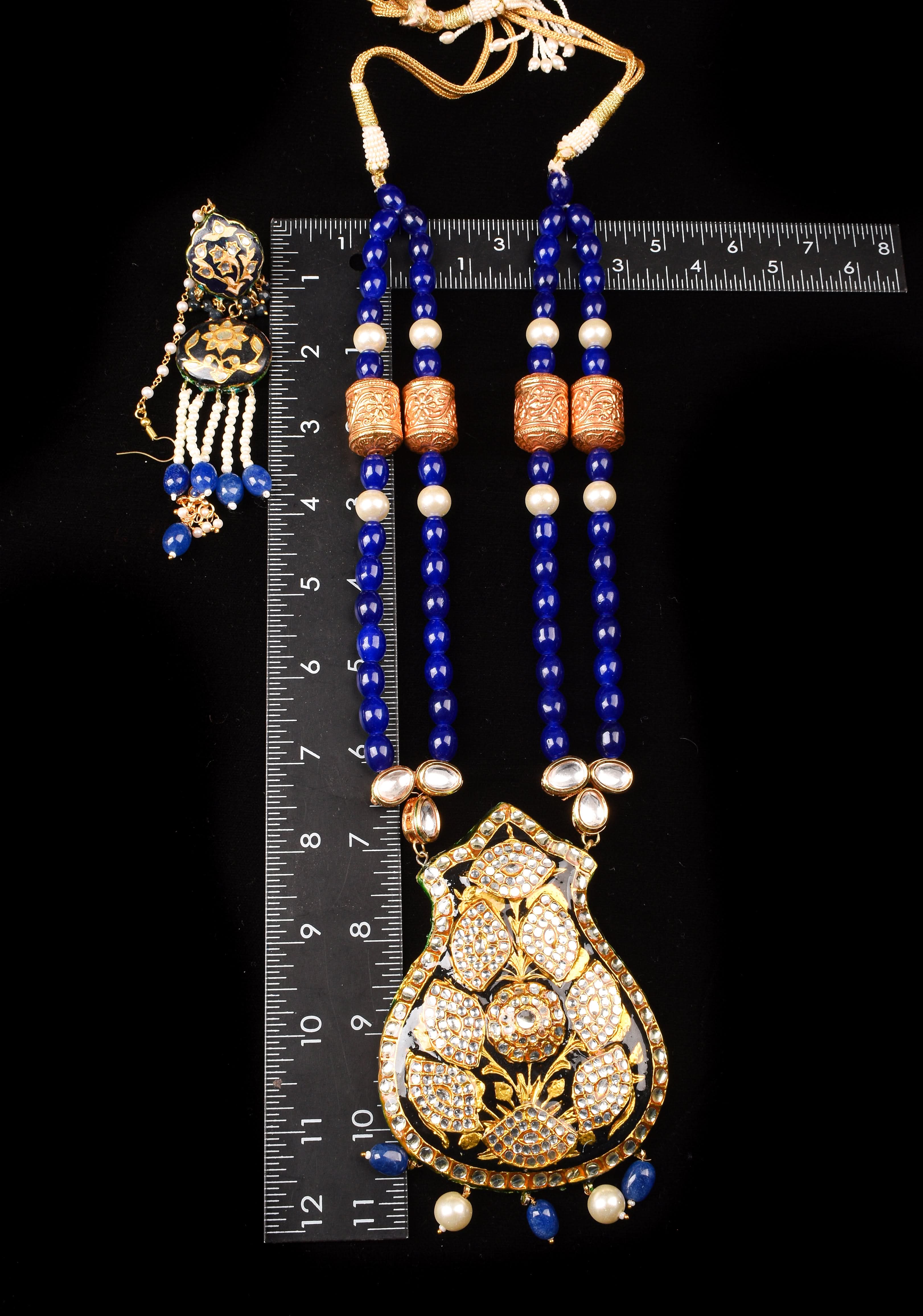 Blue Double Strand Necklace Set with Large Pendant| Shobitam Jewelry