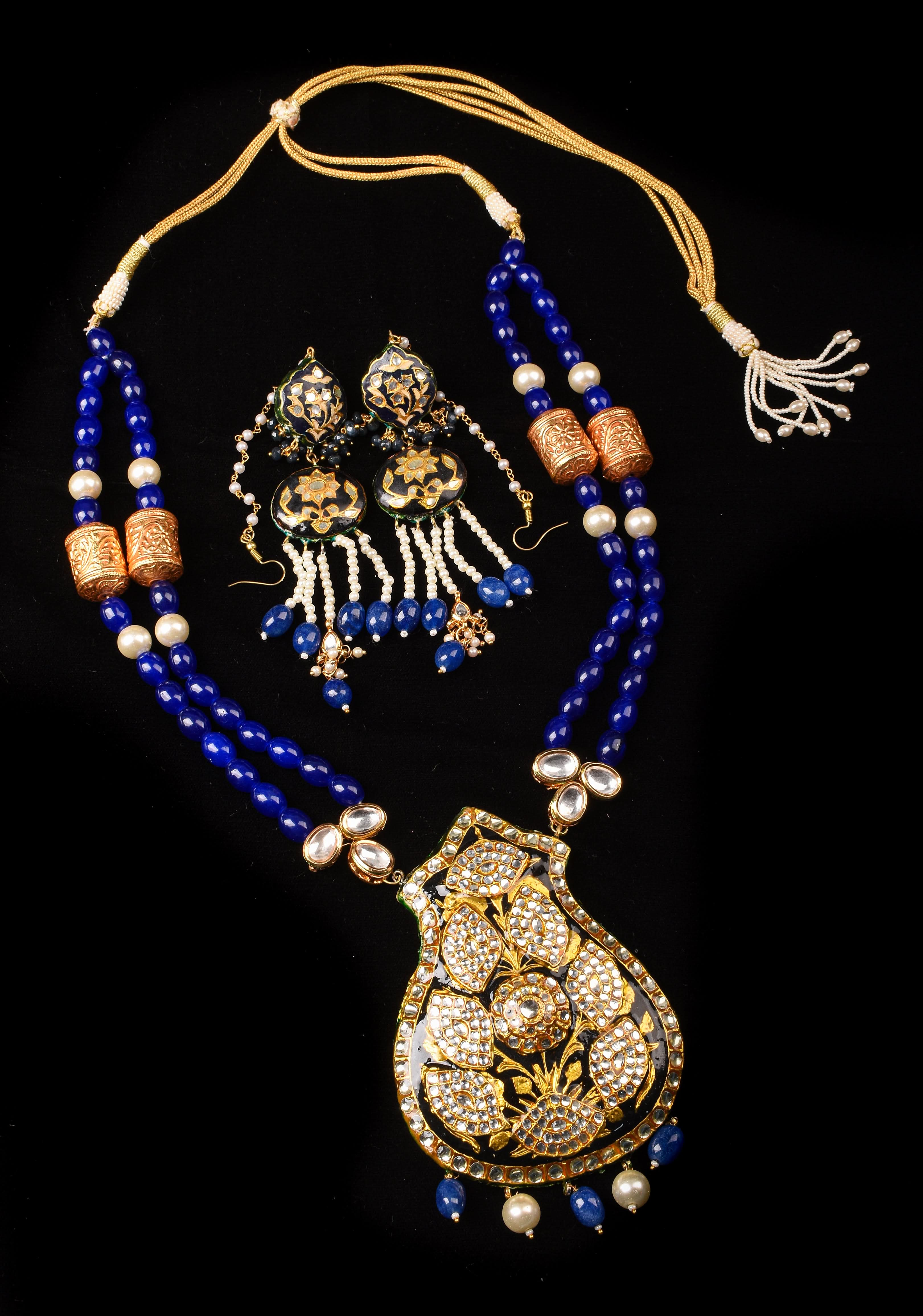 Blue Double Strand Necklace Set with Large Pendant| Shobitam Jewelry