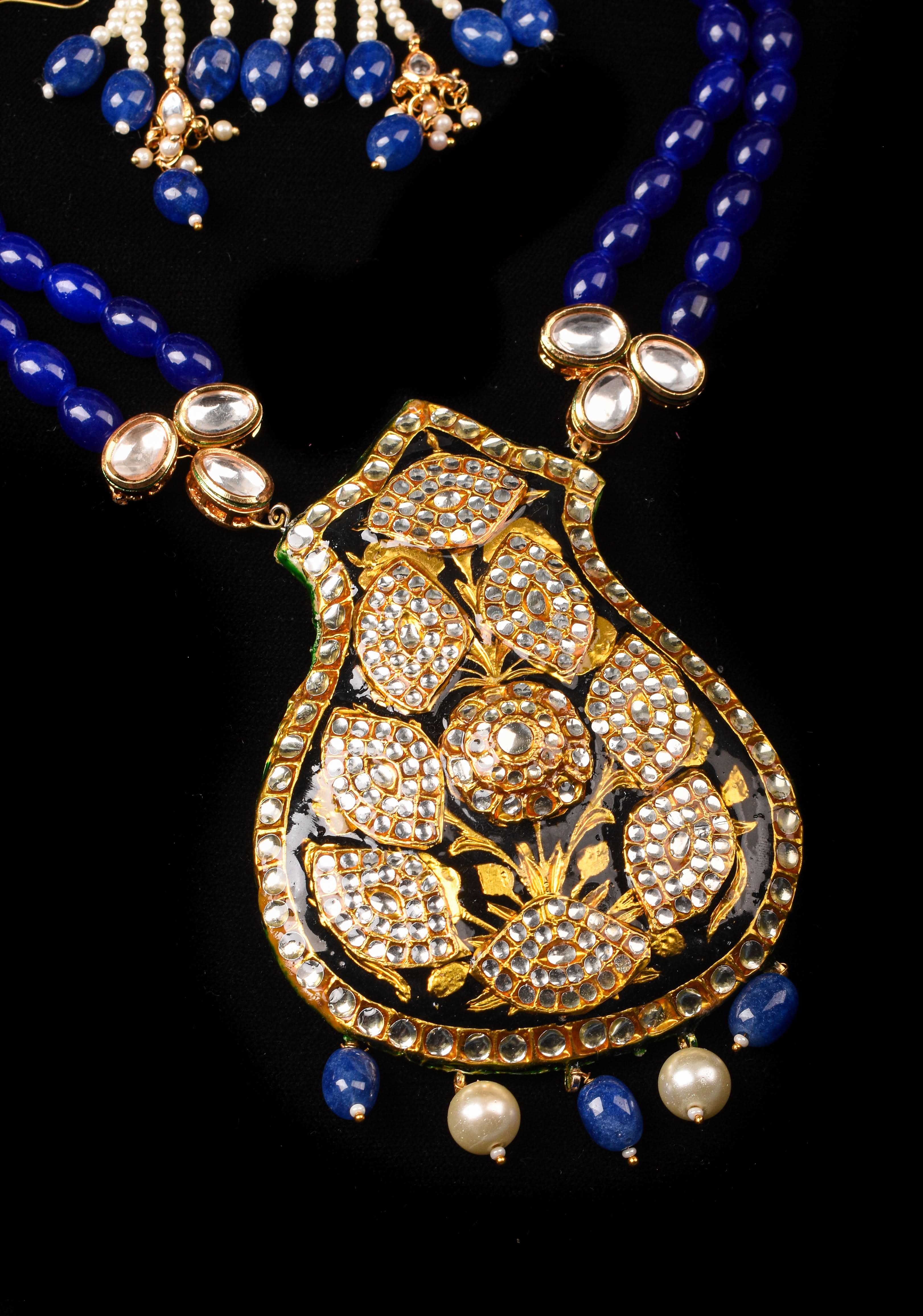 Blue Double Strand Necklace Set with Large Pendant| Shobitam Jewelry