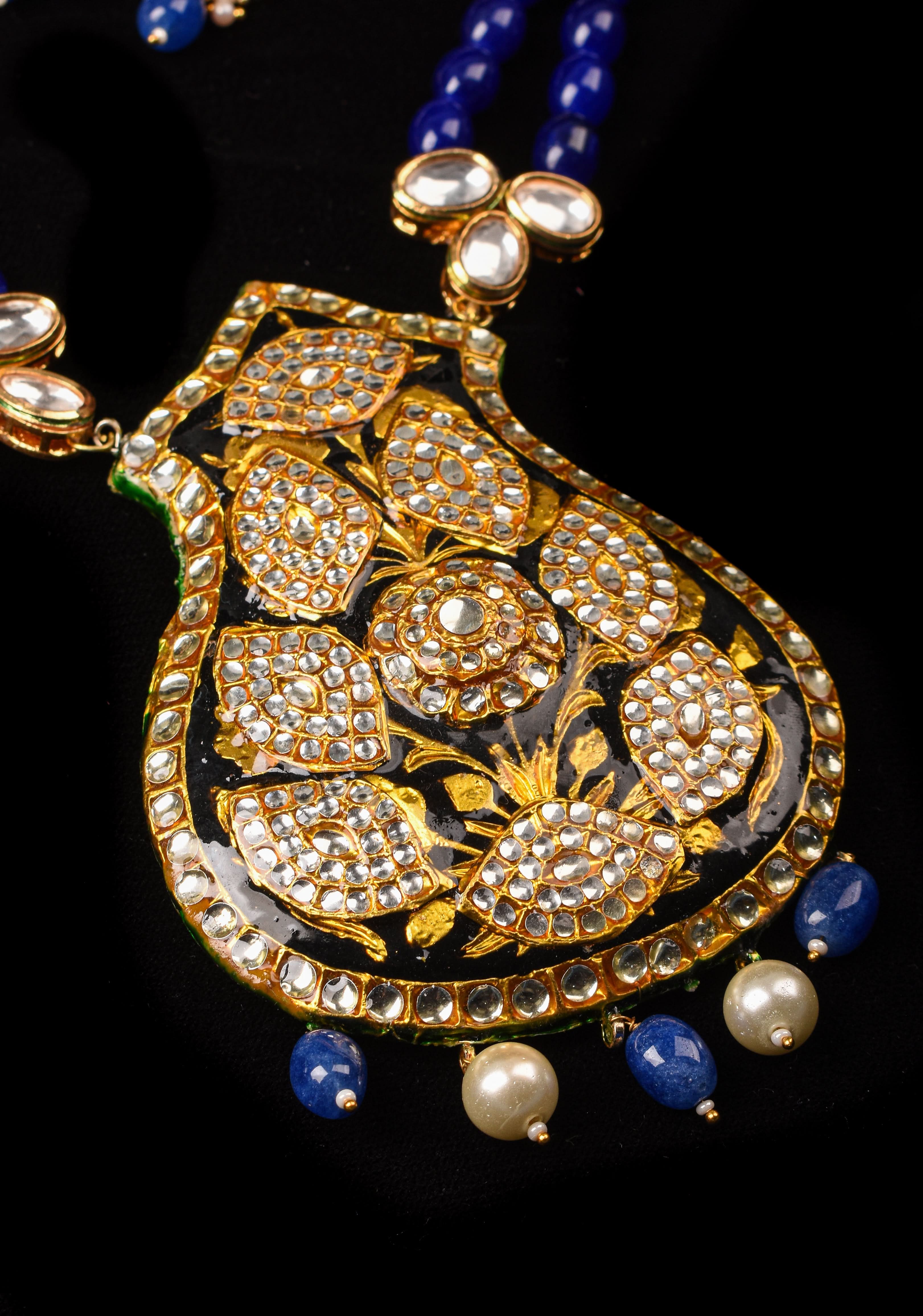 Blue Double Strand Necklace Set with Large Pendant| Shobitam Jewelry