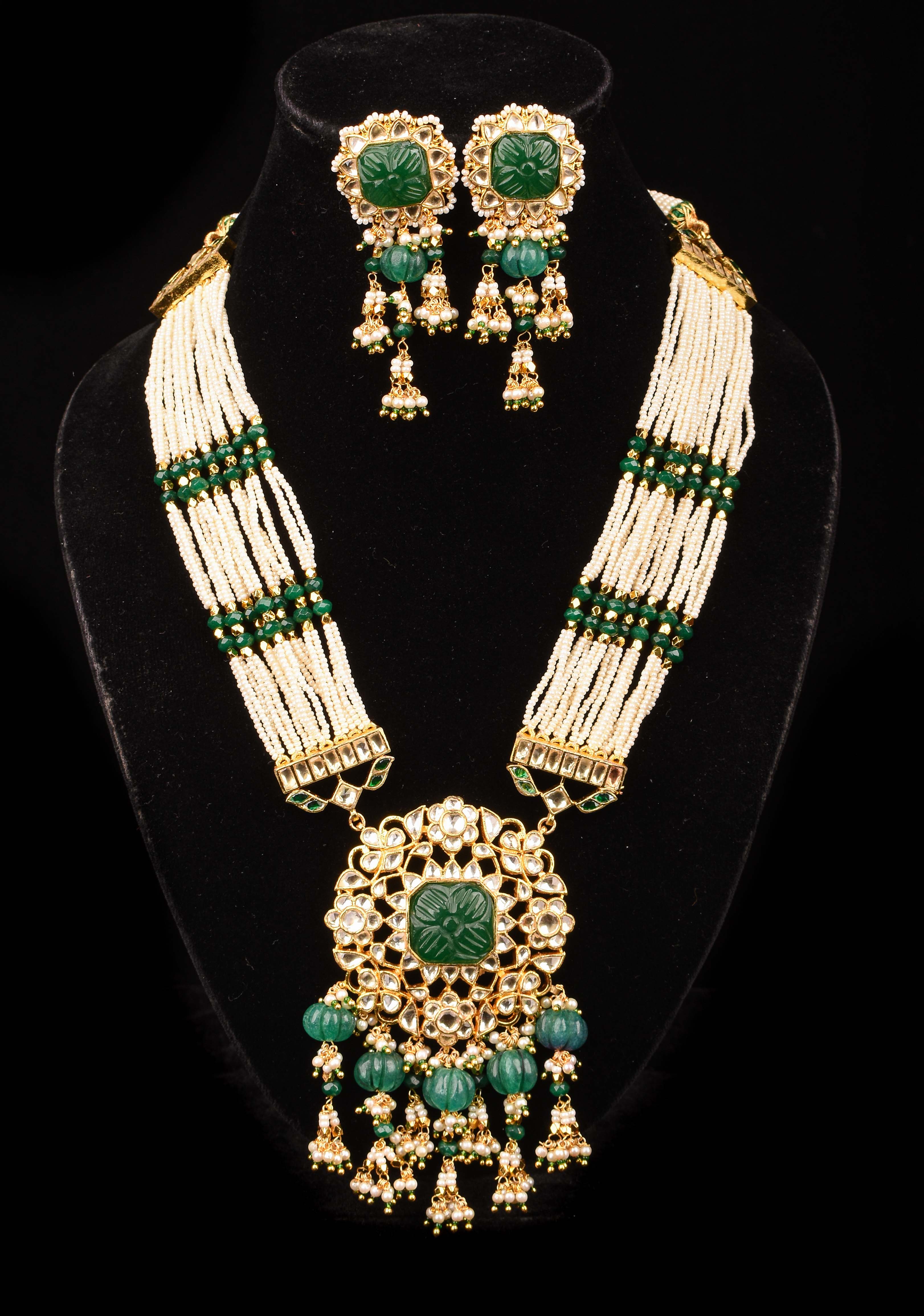 Green Carved stone Pendant on Multistrand necklace and Matching Earrings | Shobitam Jewelry