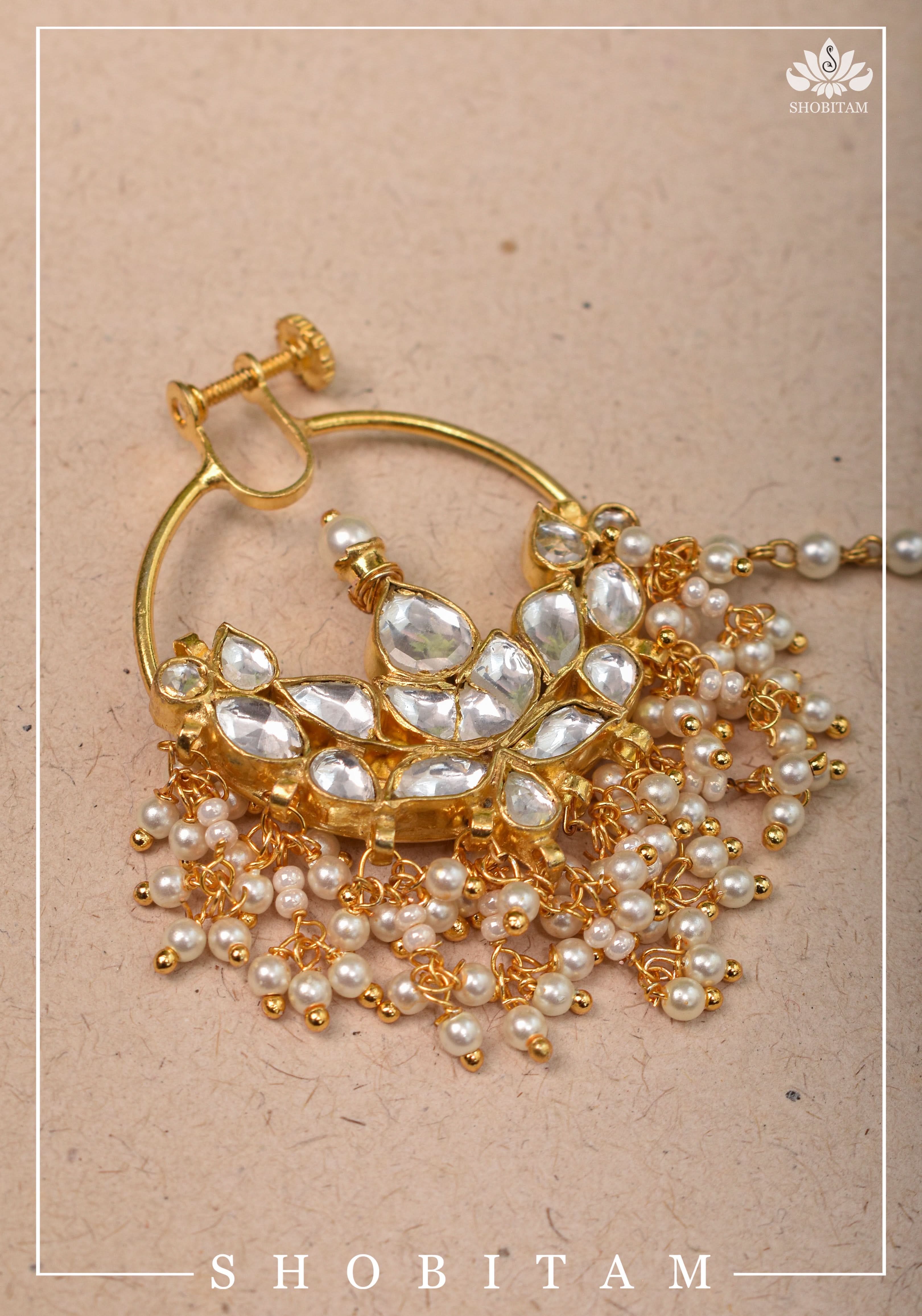 Celestial Kundan nath with non piece clasp, chain and hook | Shobitam