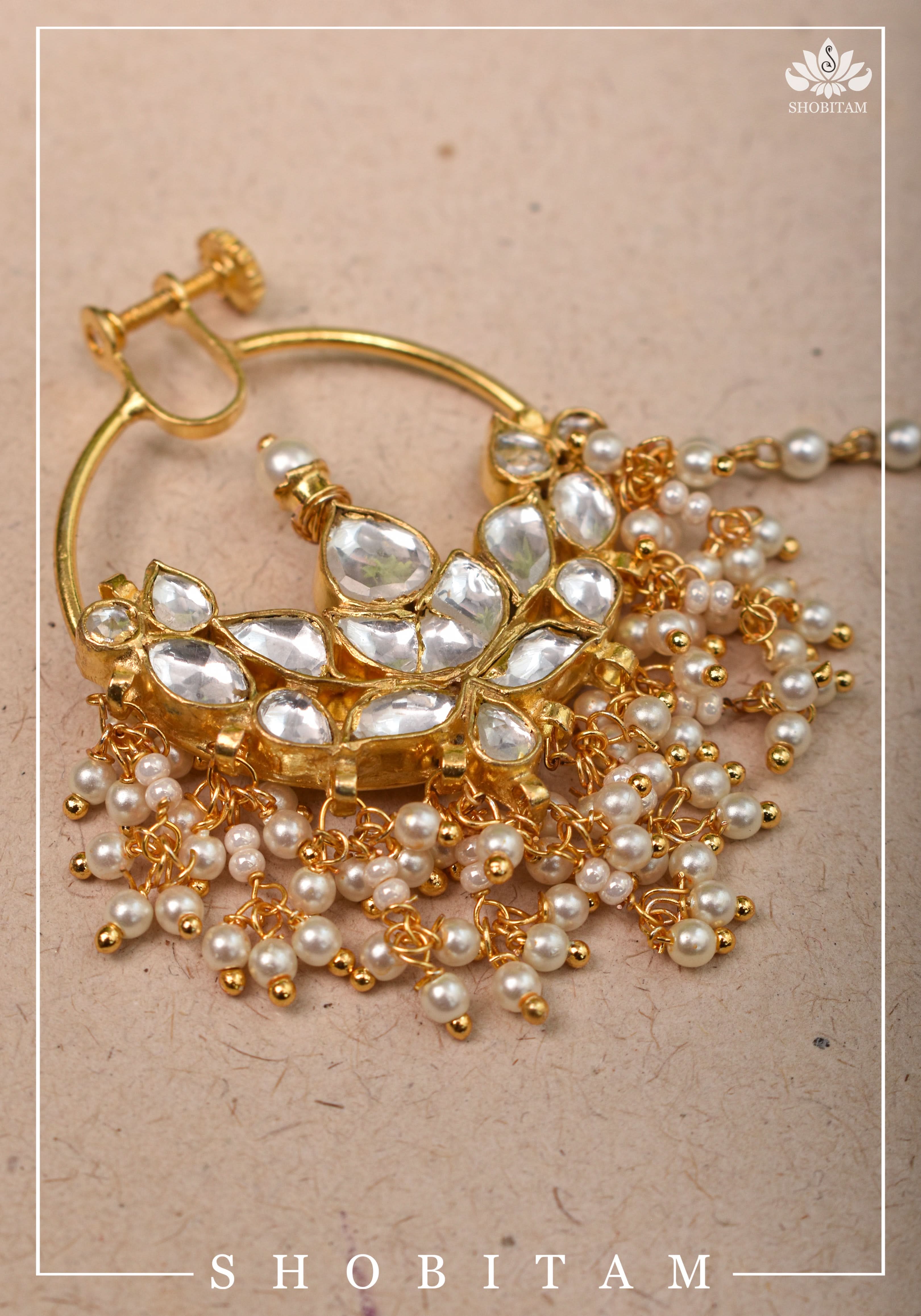 Celestial Kundan nath with non piece clasp, chain and hook | Shobitam