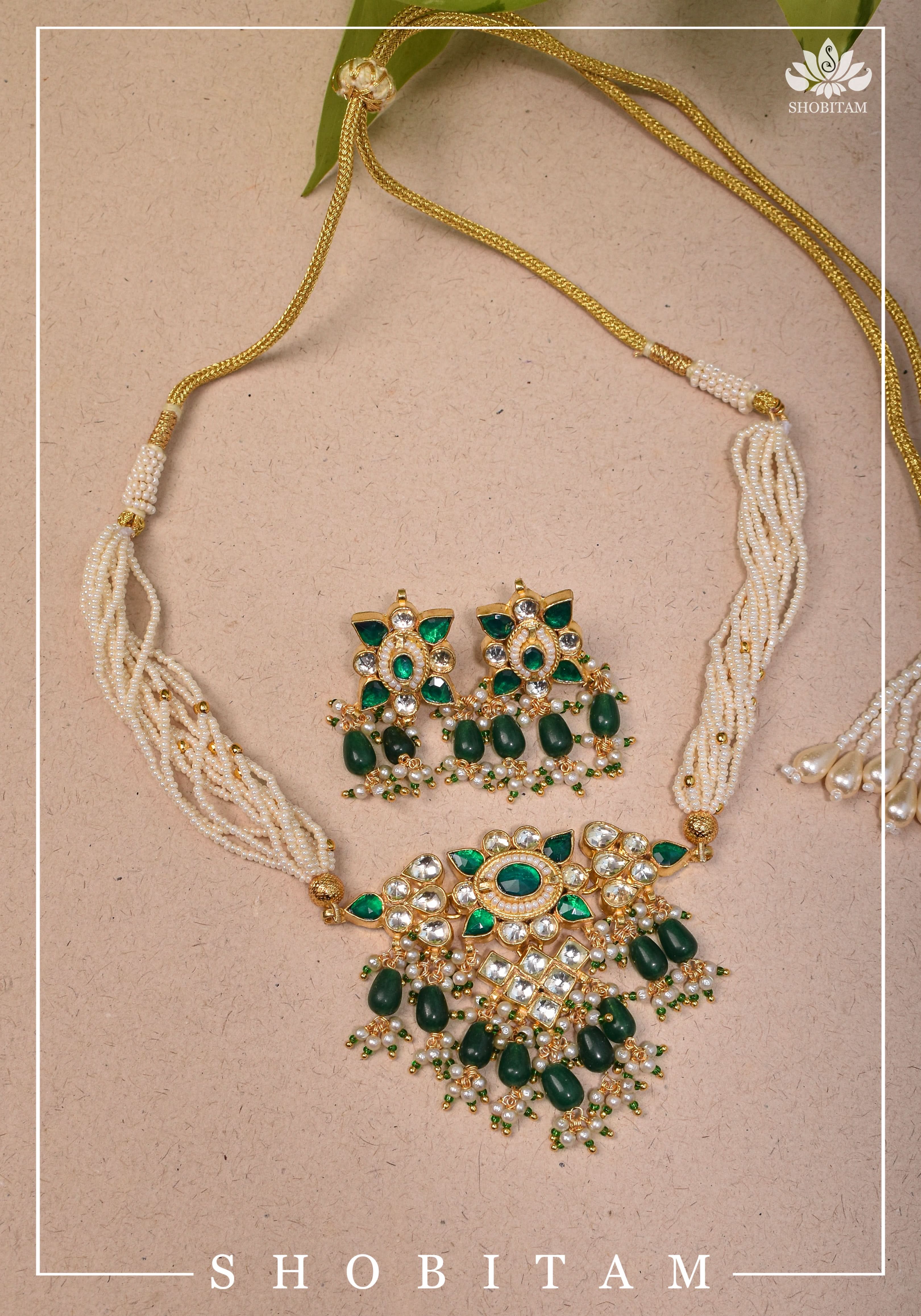 Ahmedabadi kundan multistrand necklace set with Green dangling beads | Shobitam