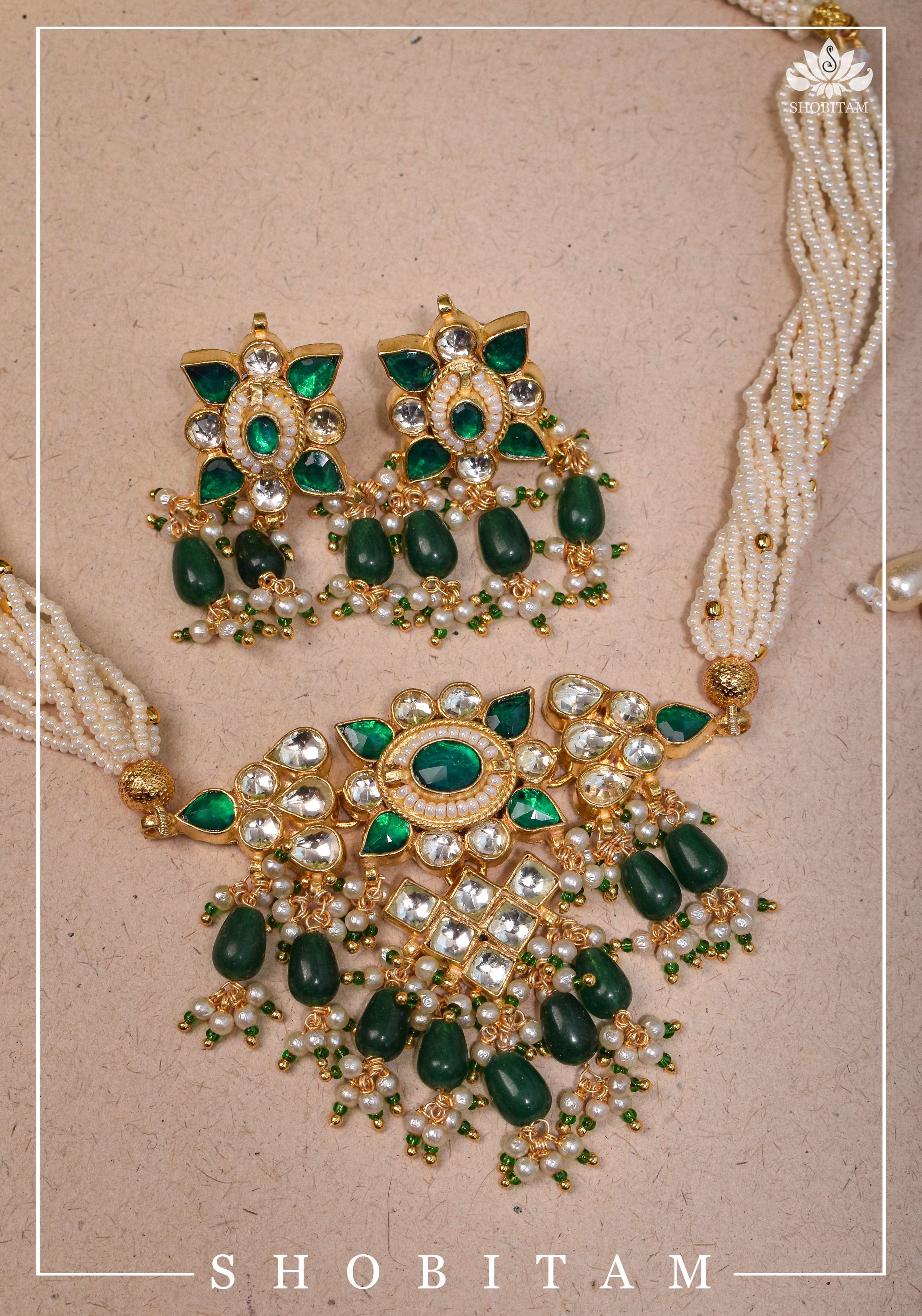 Ahmedabadi kundan multistrand necklace set with Green dangling beads | Shobitam