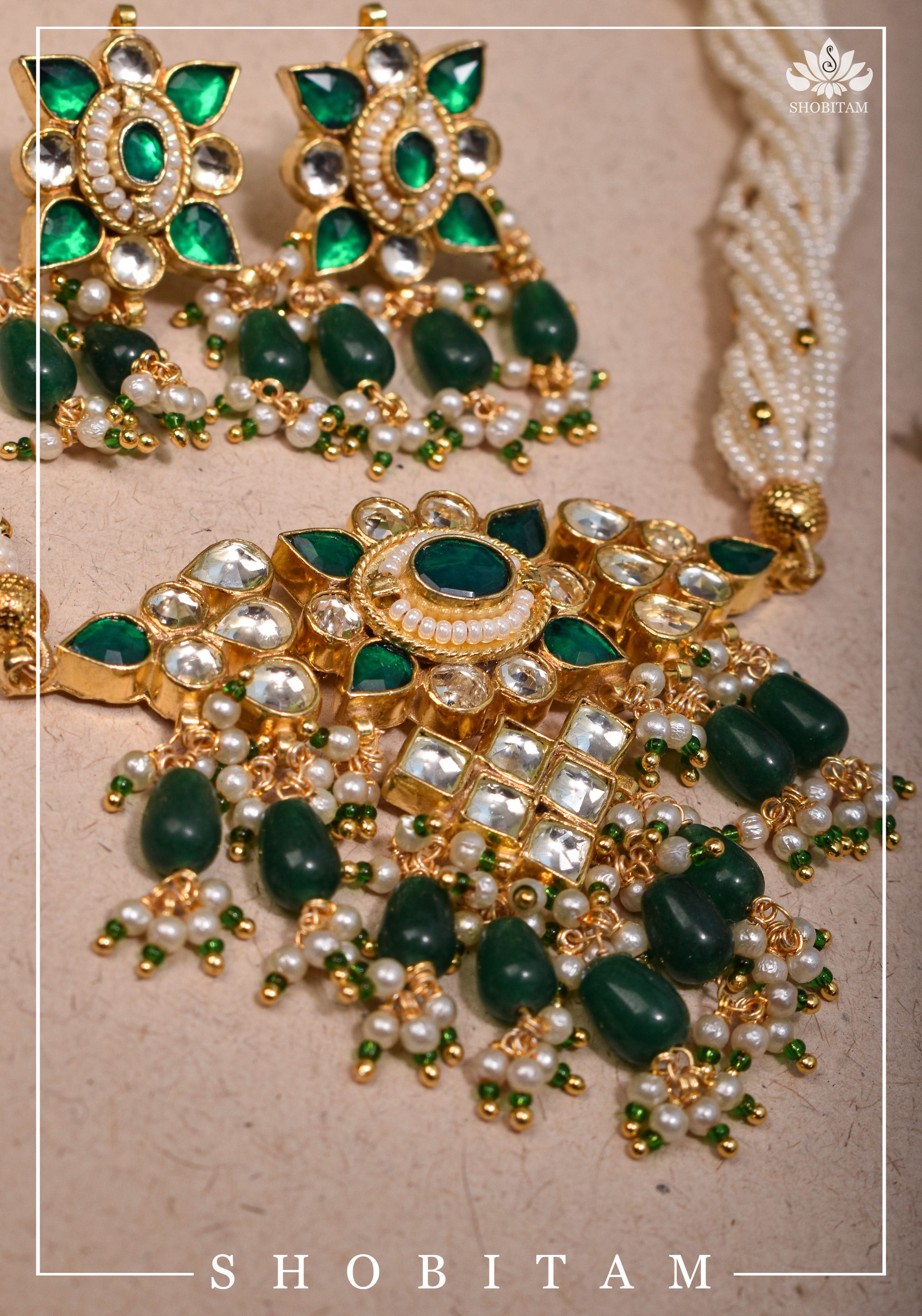 Ahmedabadi kundan multistrand necklace set with Green dangling beads | Shobitam