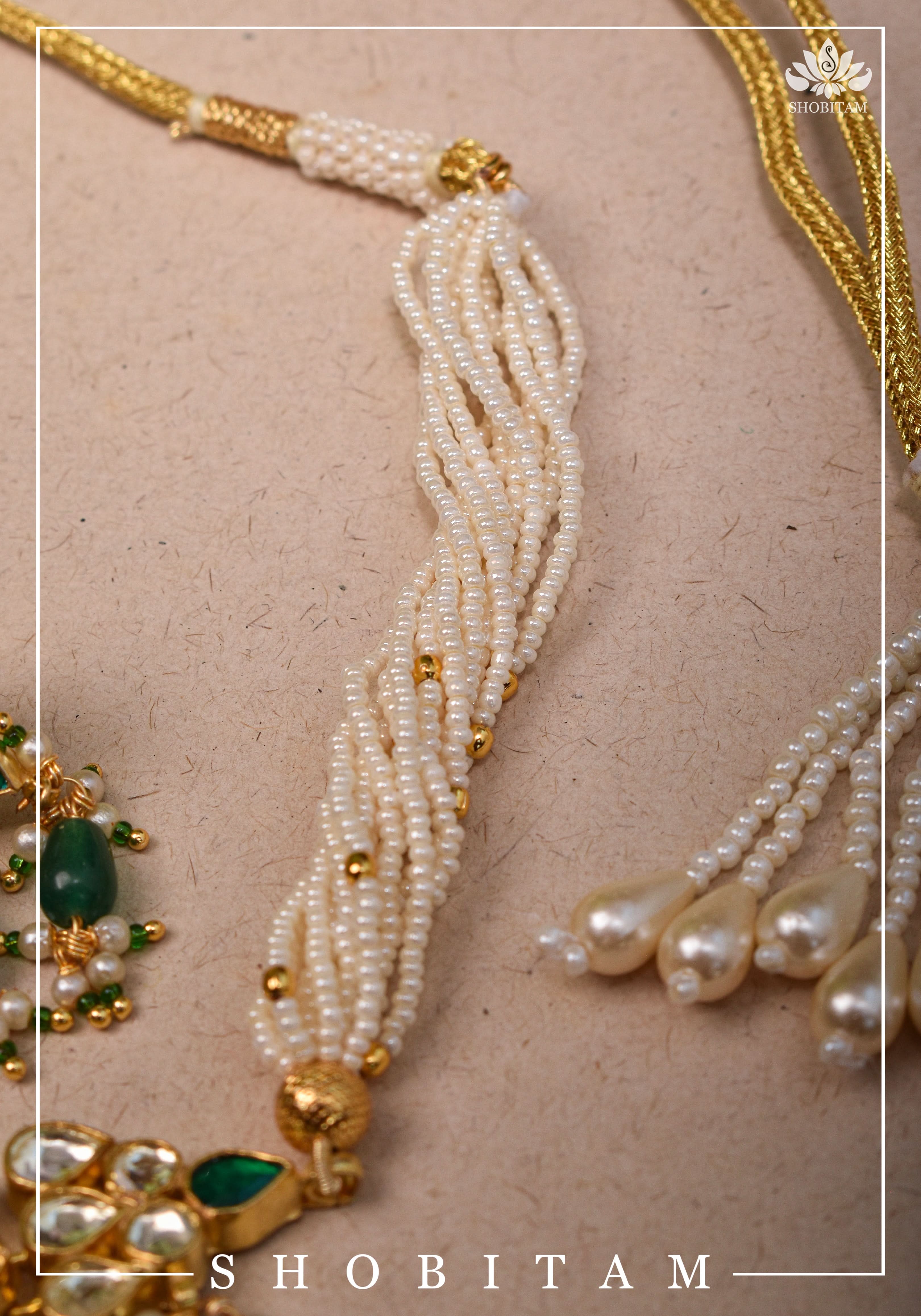 Ahmedabadi kundan multistrand necklace set with Green dangling beads | Shobitam