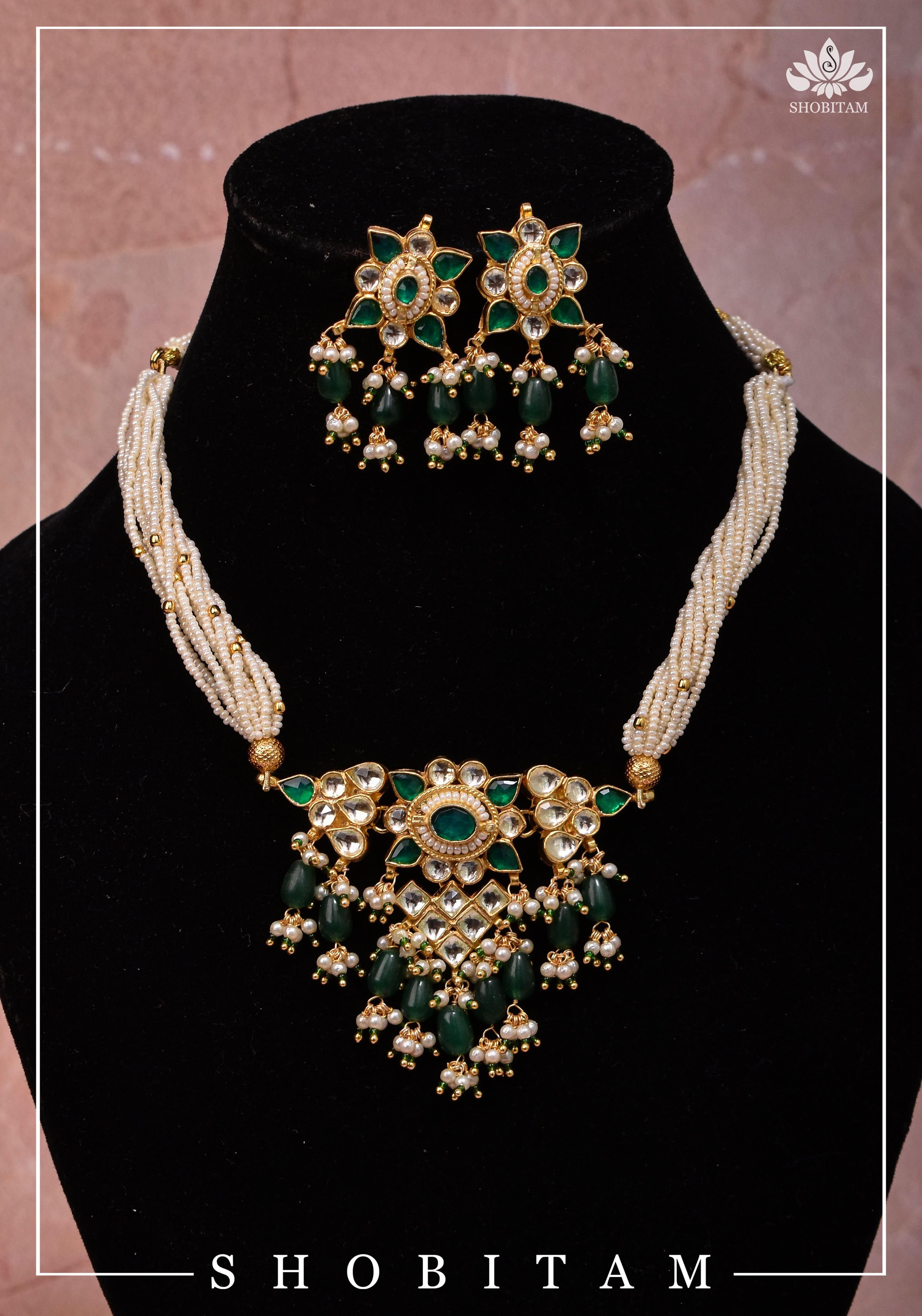 Ahmedabadi kundan multistrand necklace set with Green dangling beads | Shobitam