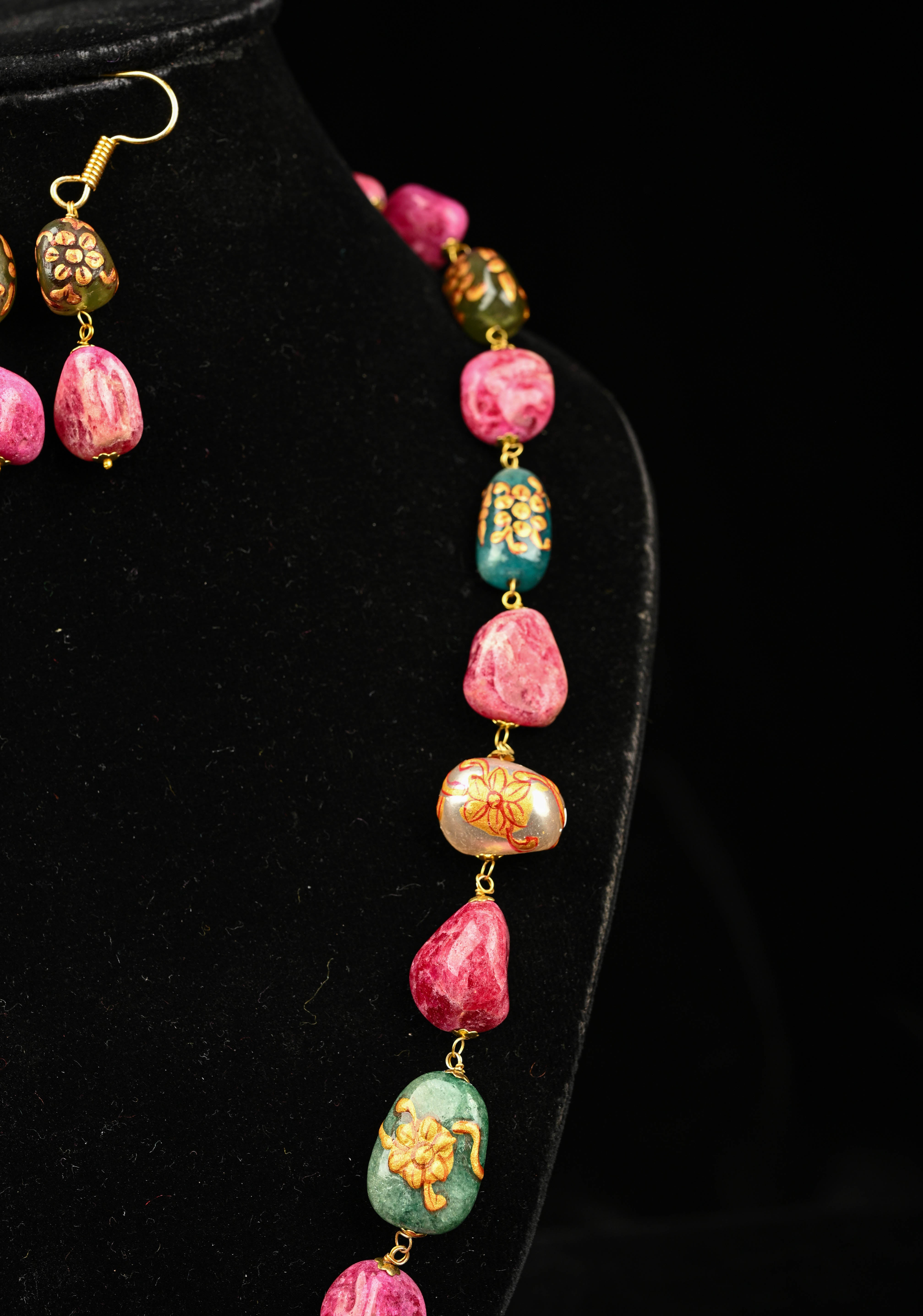 Multicolor Chunky Stone Semi Precious Necklace Set with Handpainted details | Shobitam