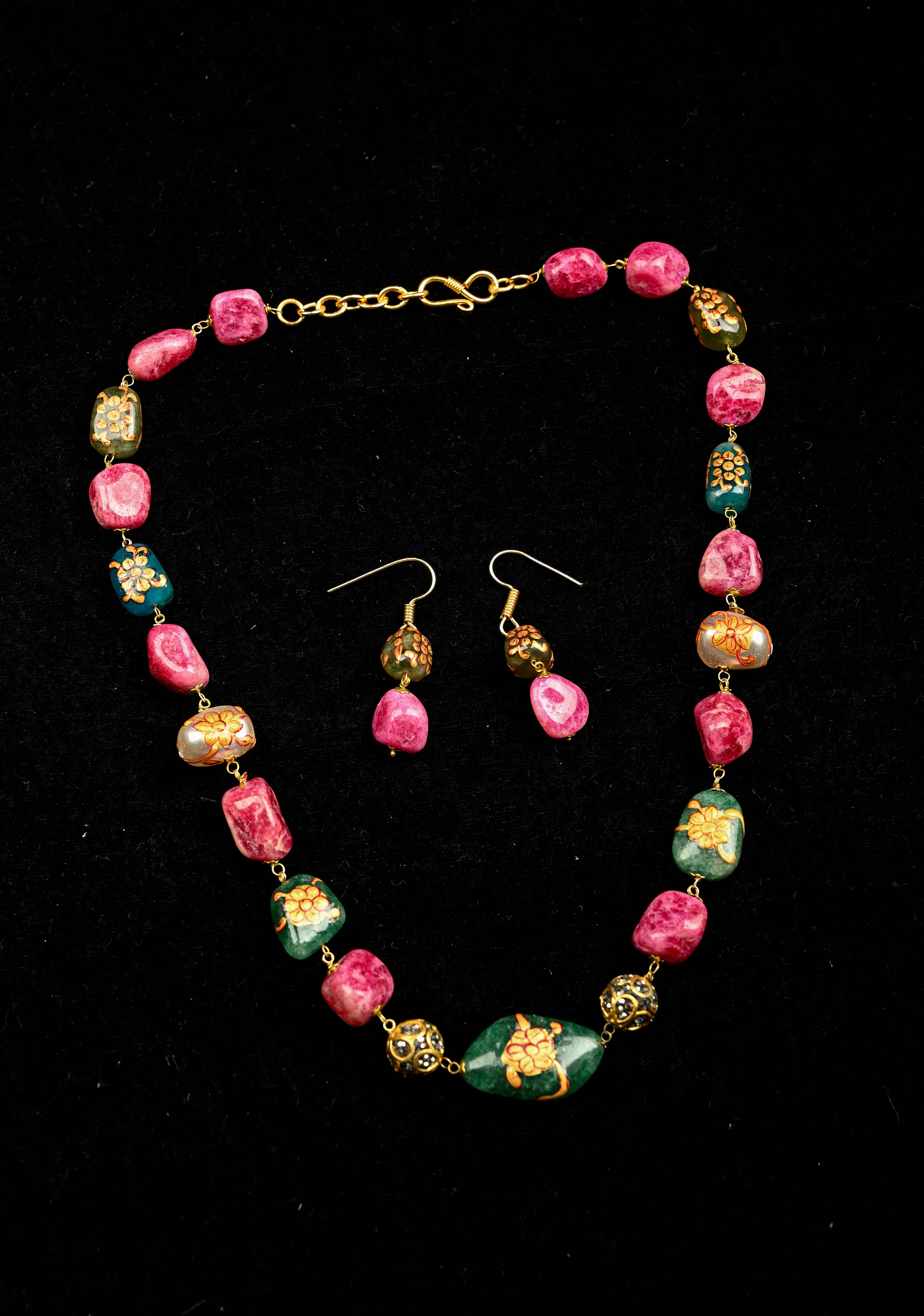 Multicolor Chunky Stone Semi Precious Necklace Set with Handpainted details | Shobitam