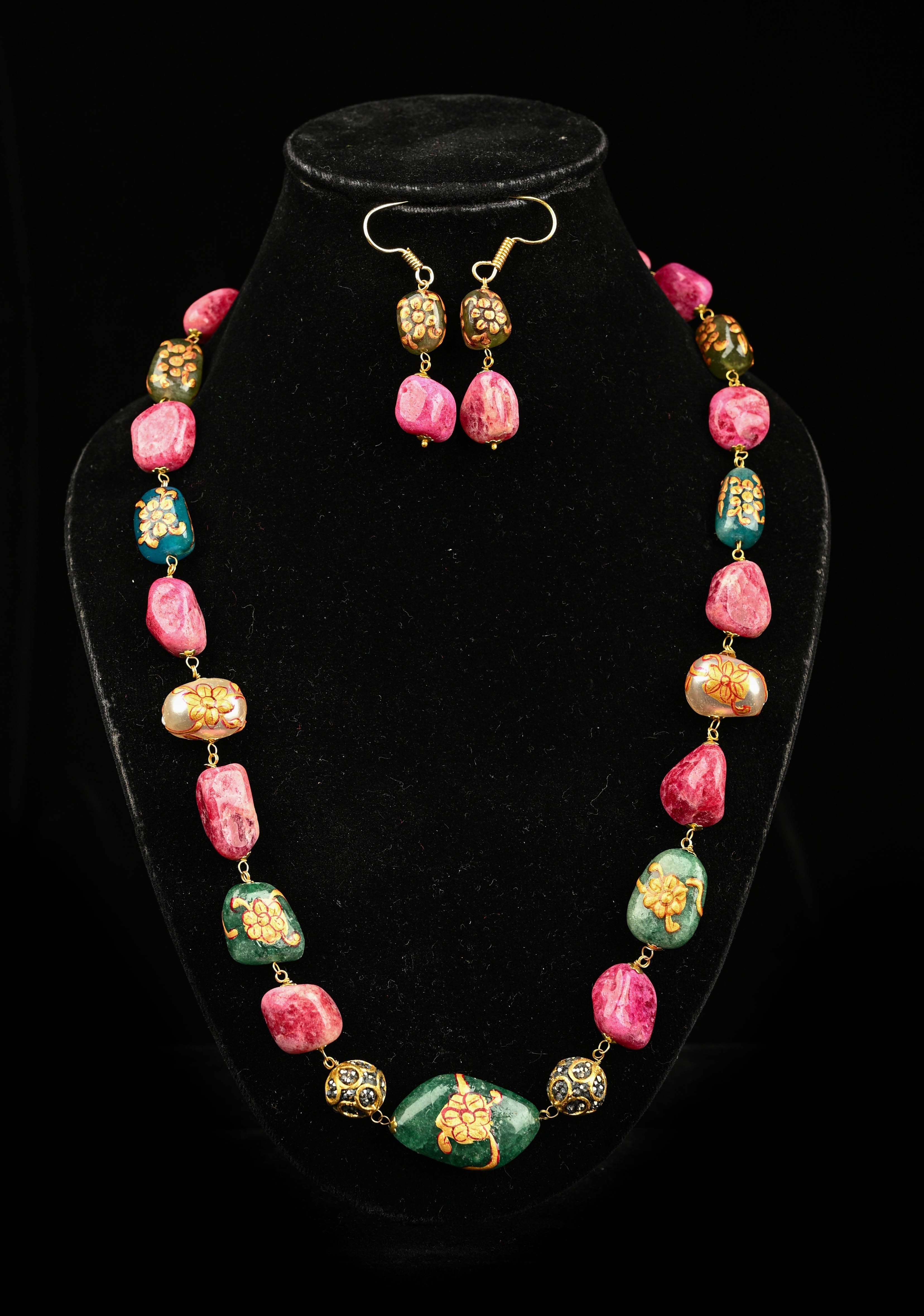 Multicolor Chunky Stone Semi Precious Necklace Set with Handpainted details | Shobitam