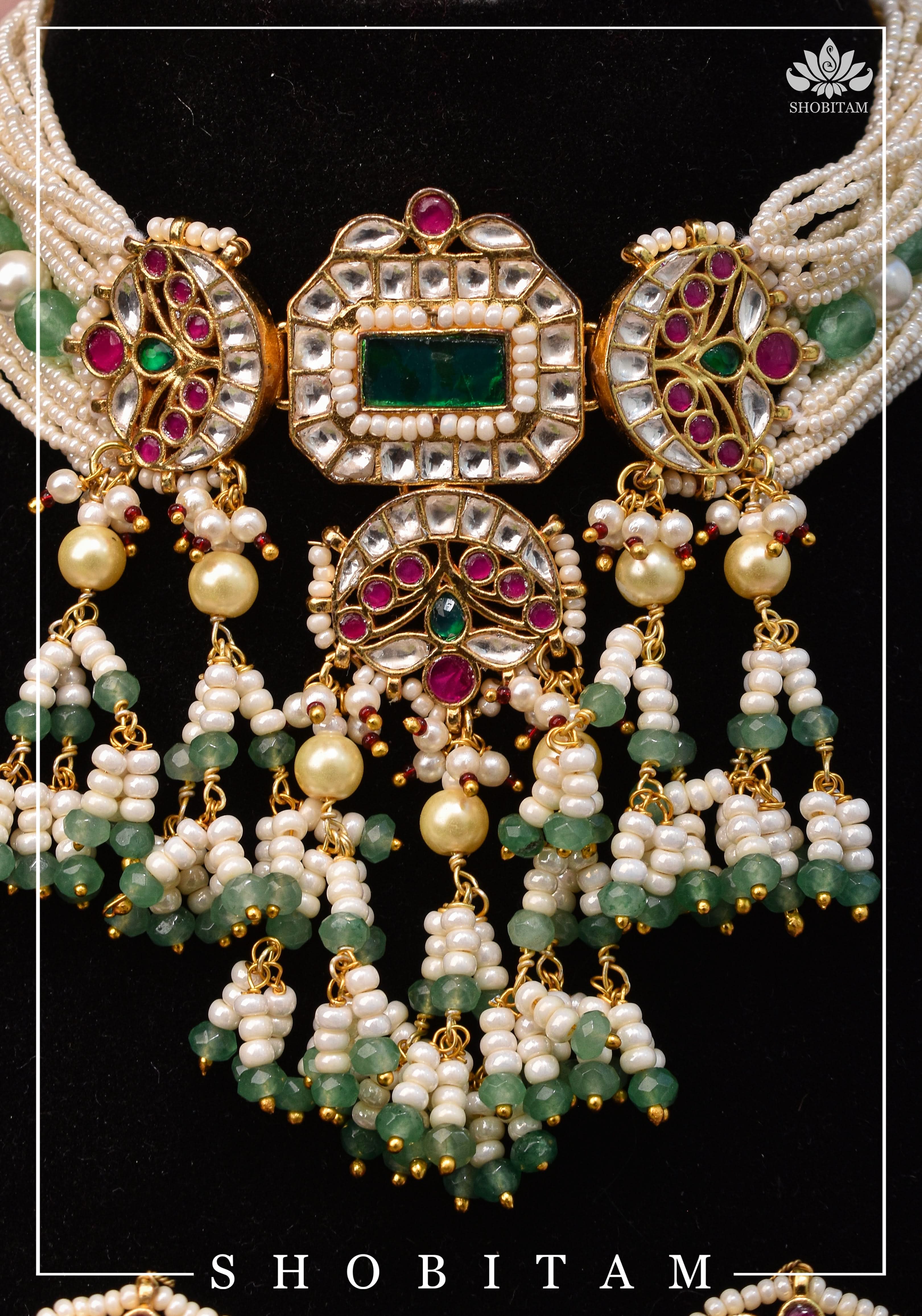 Kundan Multistrand necklace set with dangling beads | Shobitam