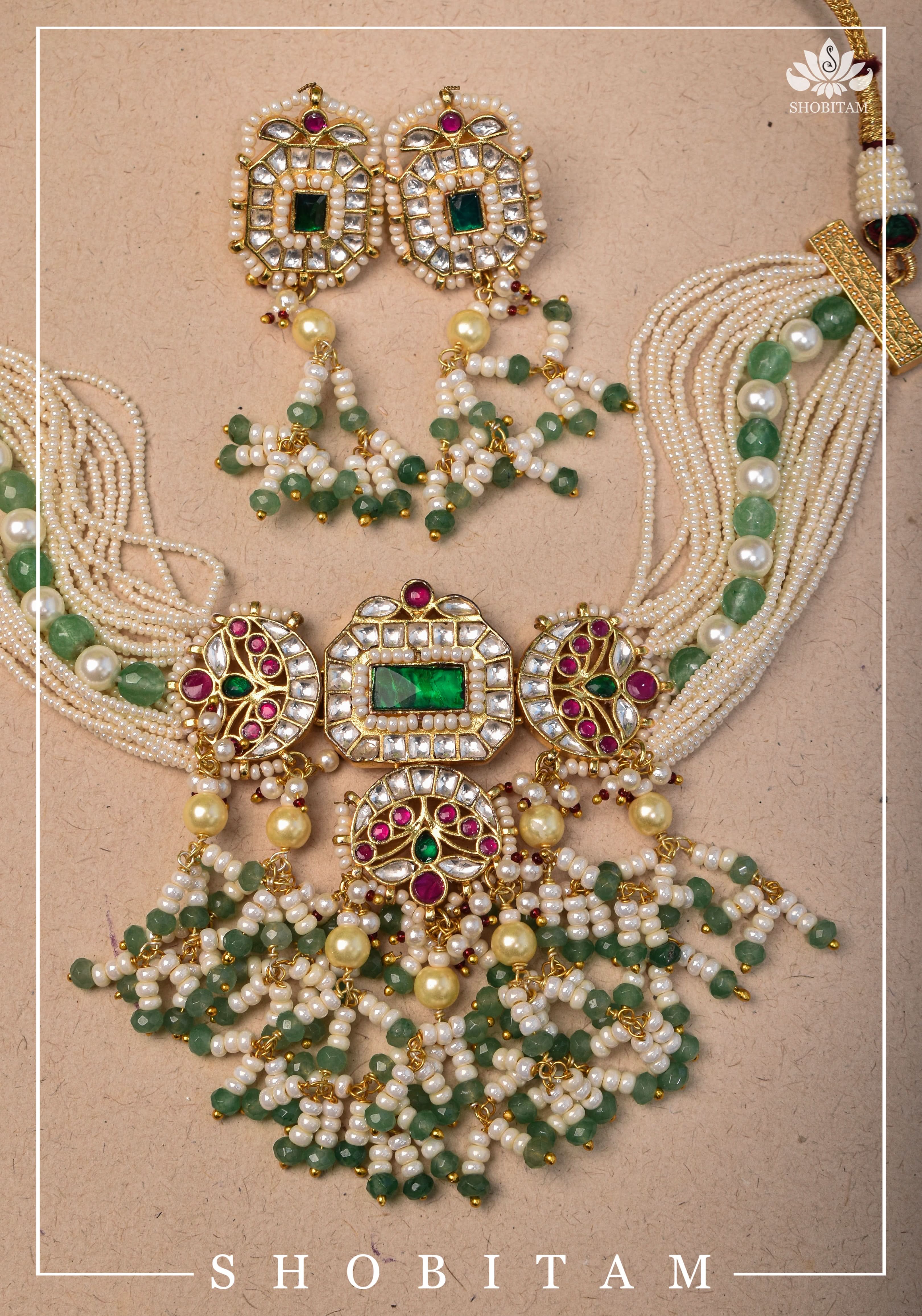 Kundan Multistrand necklace set with dangling beads | Shobitam