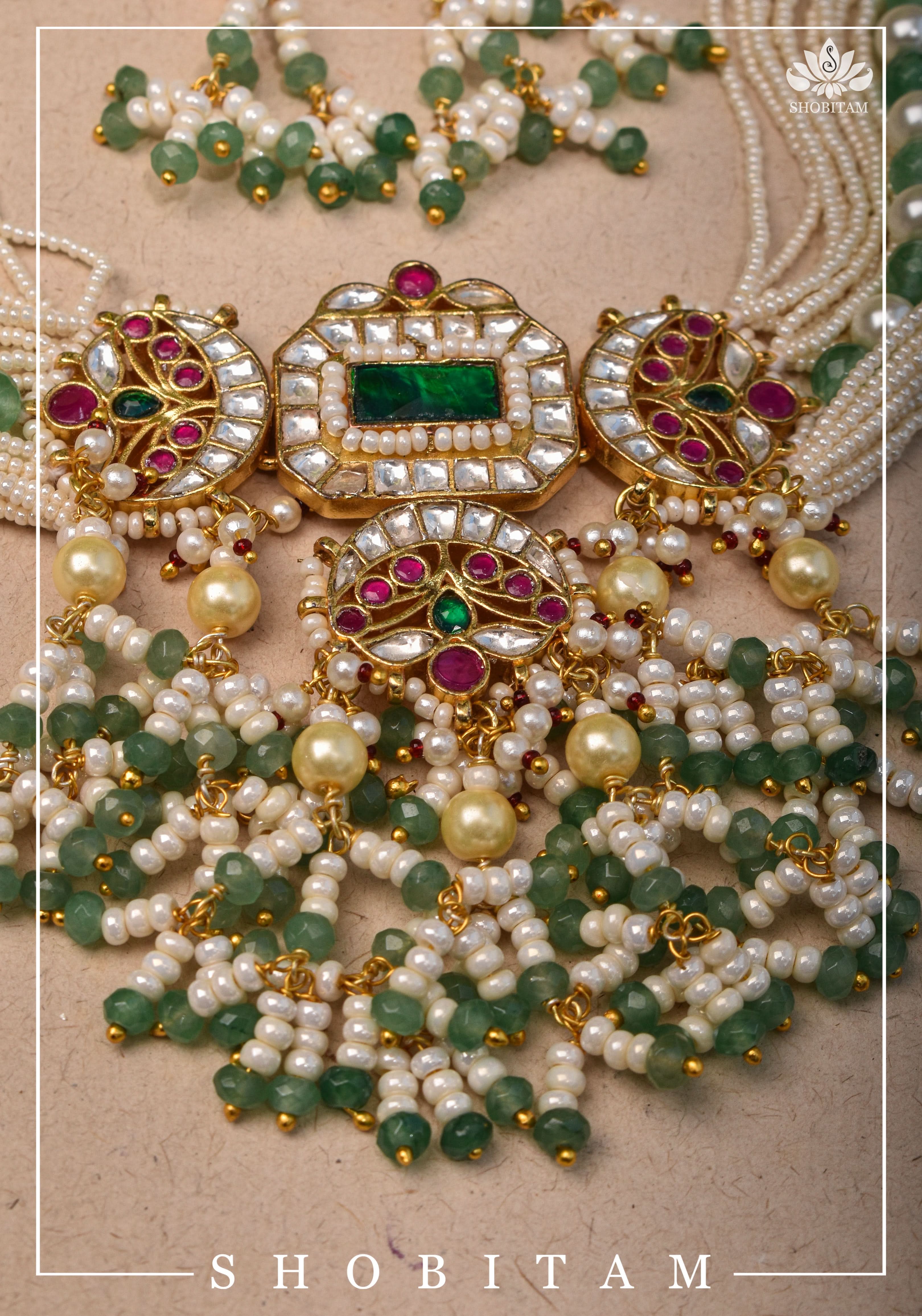Kundan Multistrand necklace set with dangling beads | Shobitam