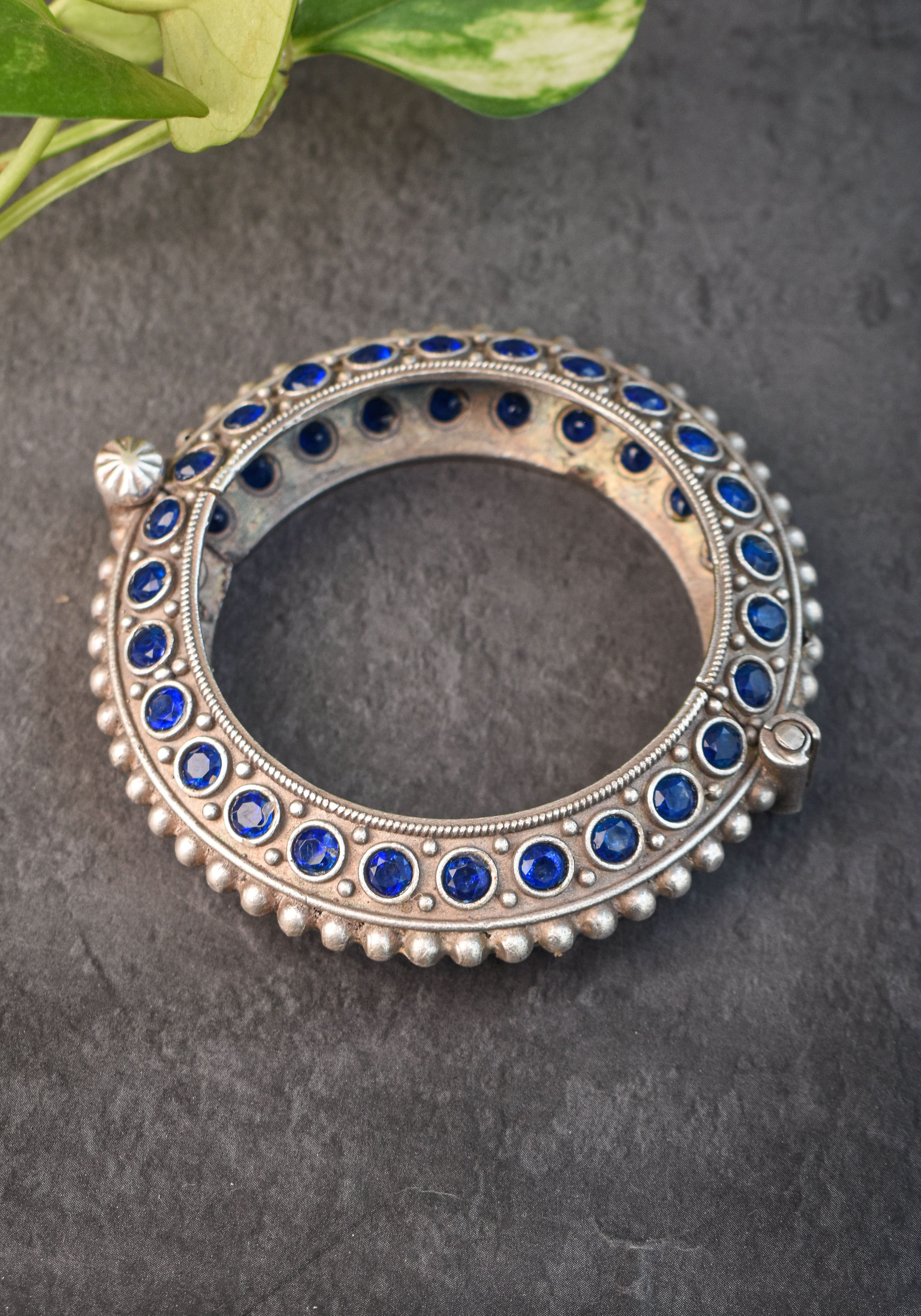SIZE 2.4 Antique Silver Finish with blue stones design and Openable Kada | Shobitam Jewelry