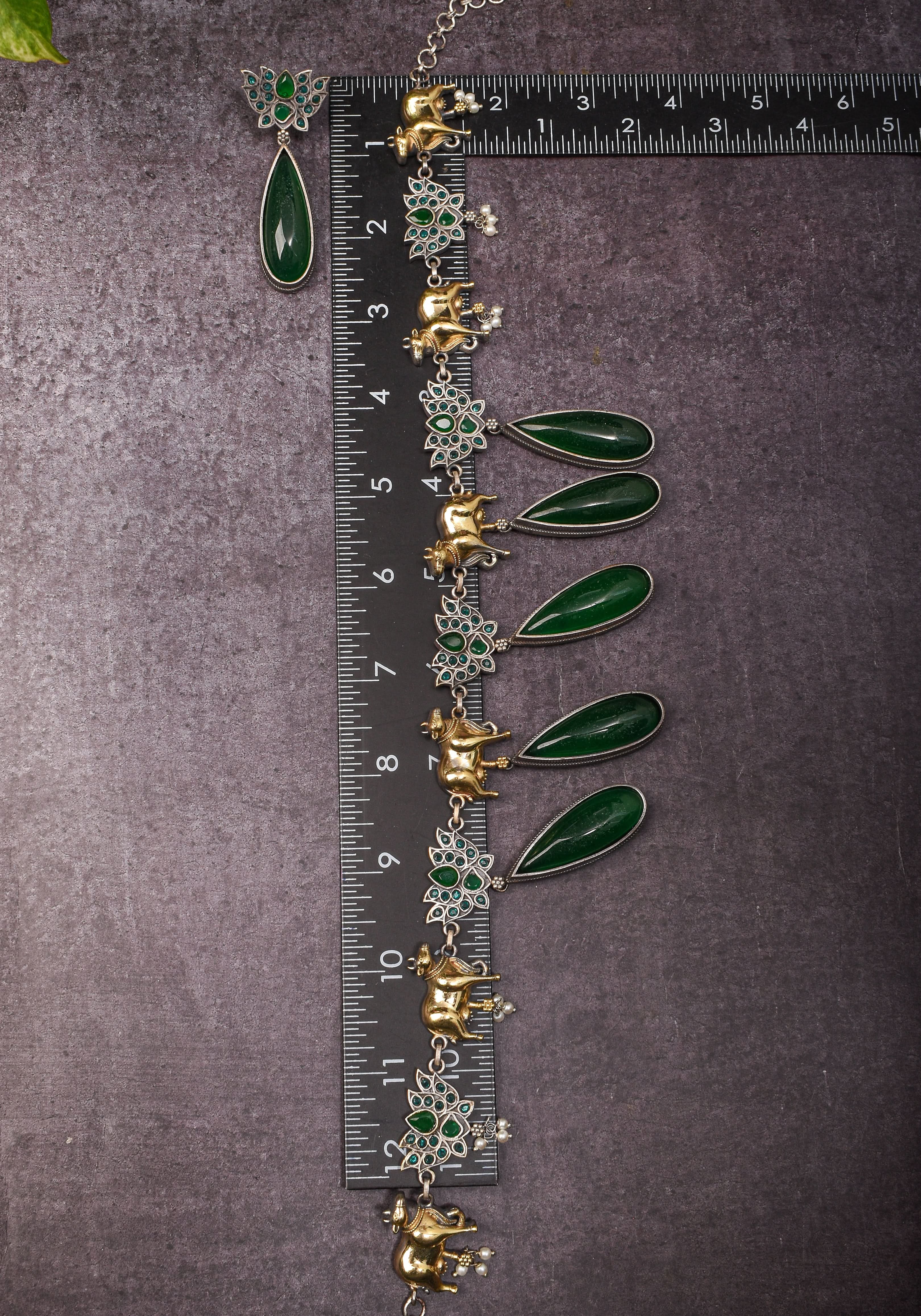 Fusion Dual Tone Jewelry with Pichwai Cow units and Green stones | Shobitam Jewelry