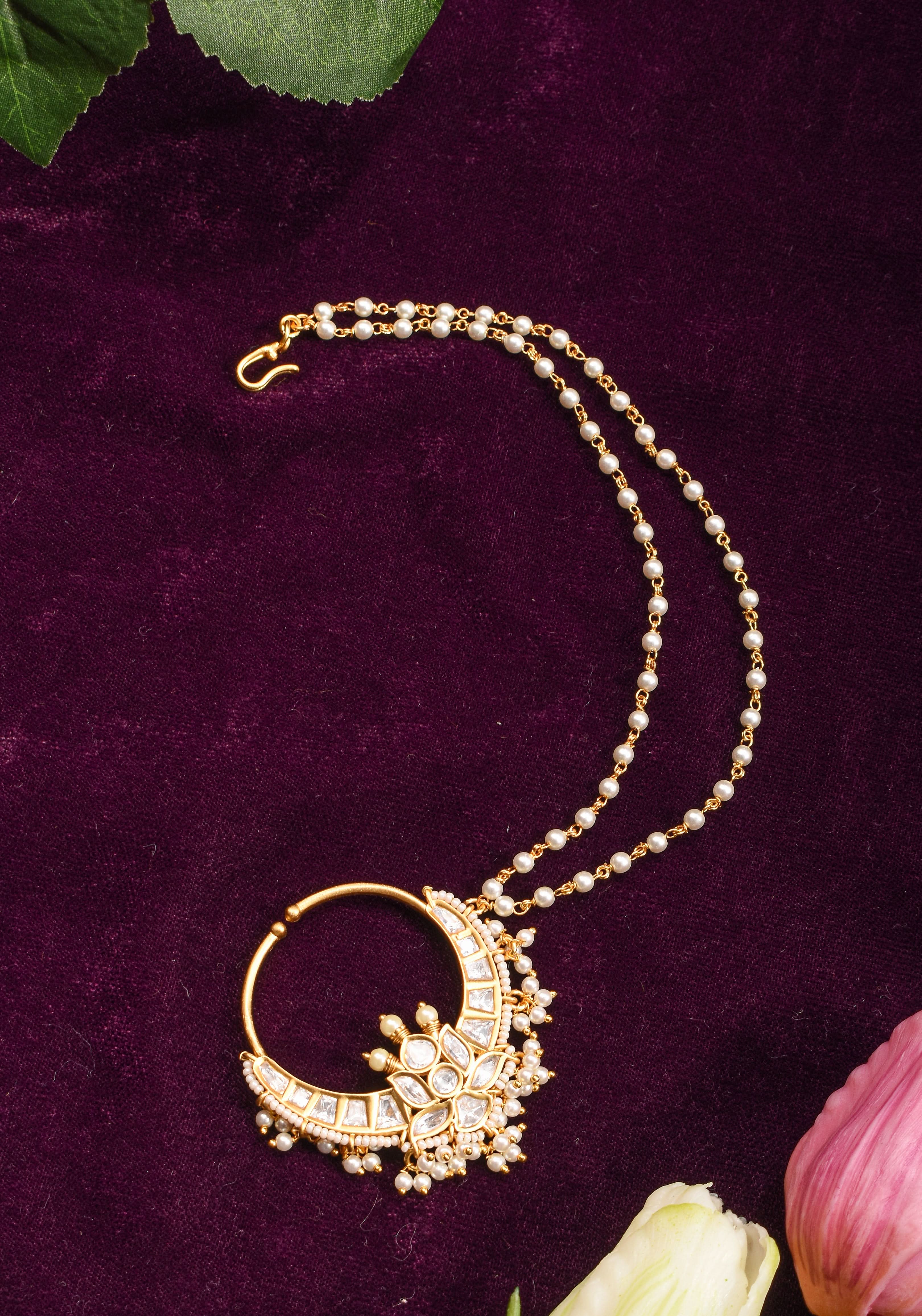 Non Piercing Nose Ring - Traditional Indian Nath with Polki Stones and Pearl Strand | Shobitam