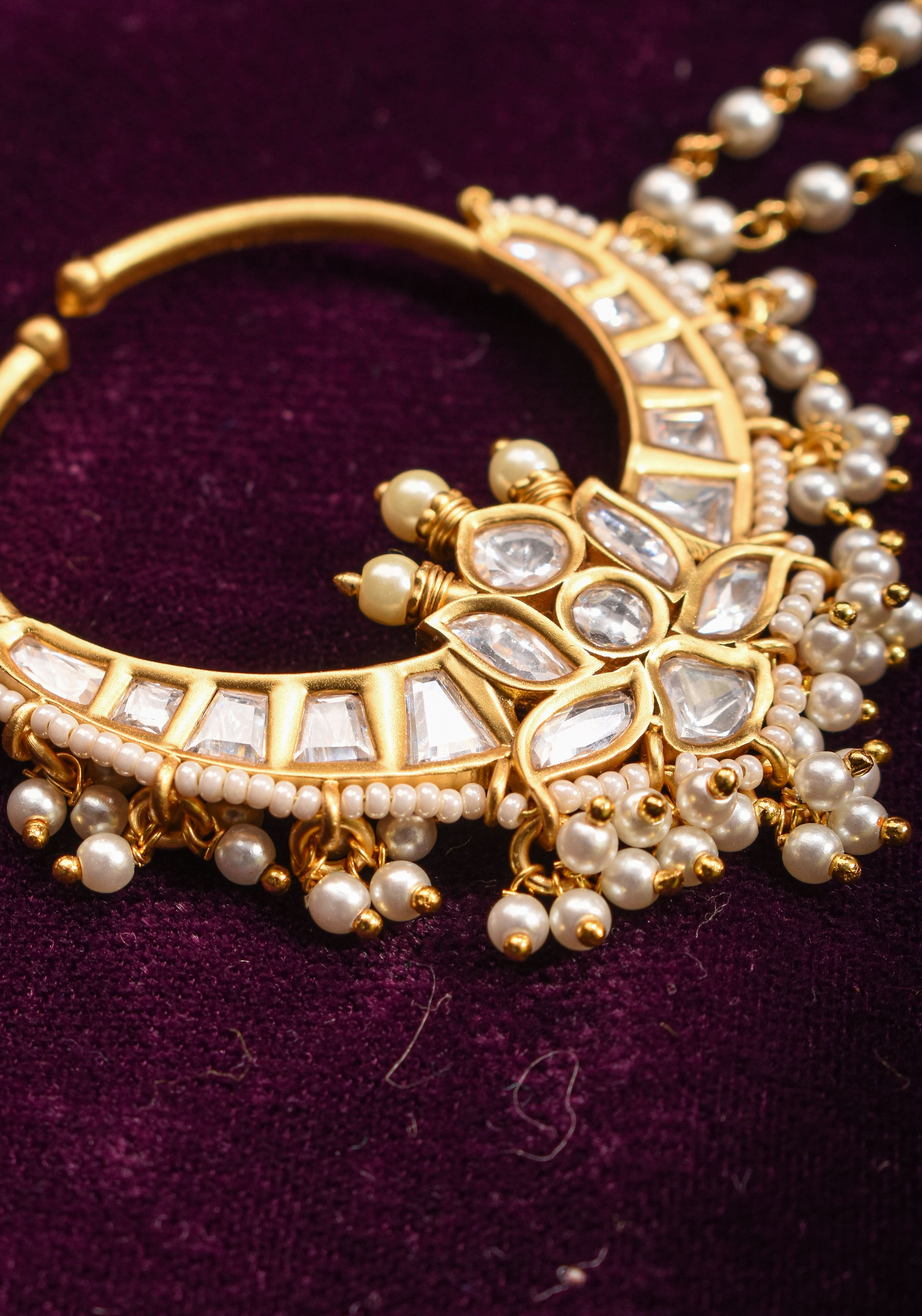 Non Piercing Nose Ring - Traditional Indian Nath with Polki Stones and Pearl Strand | Shobitam