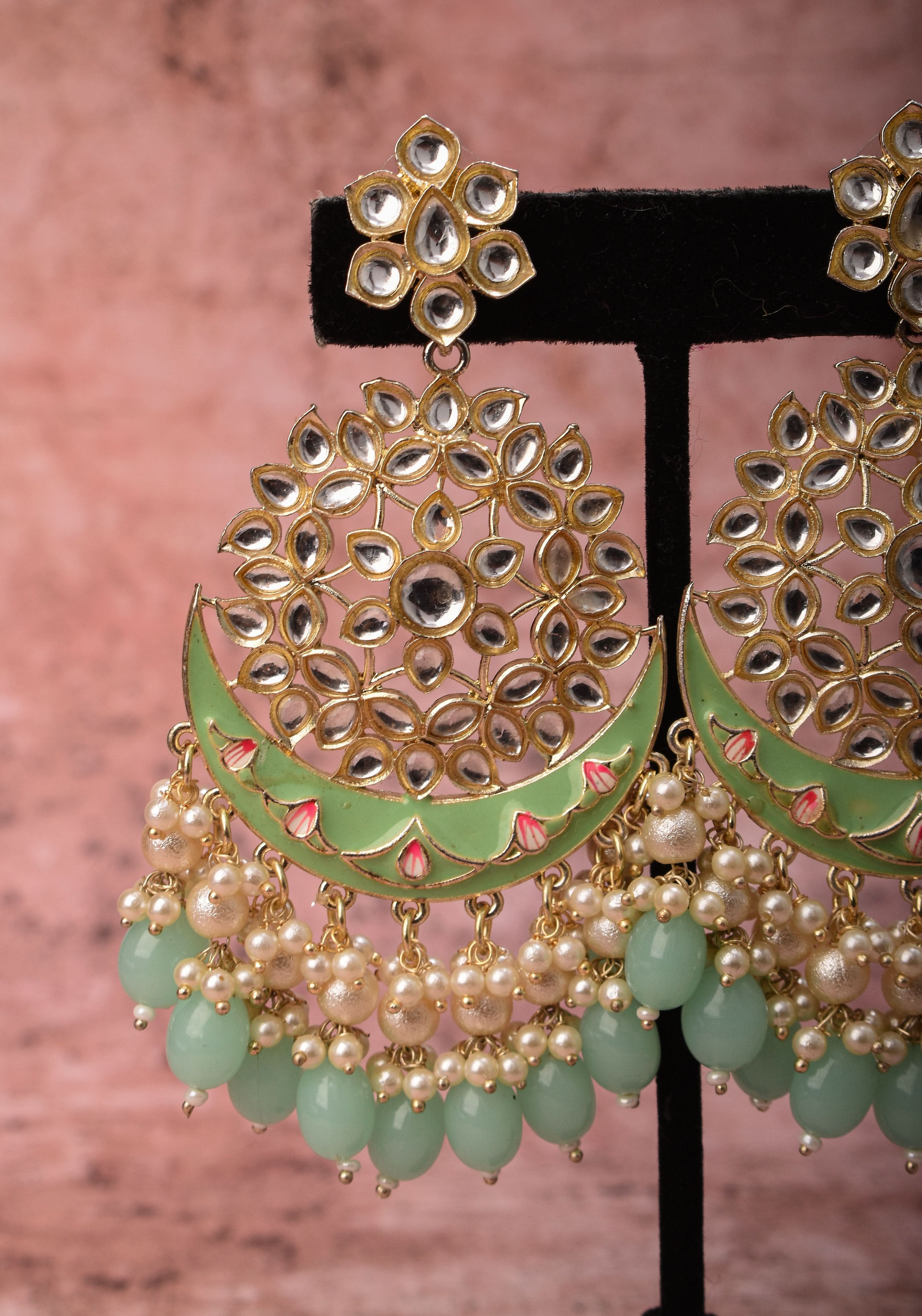 Ahmedabadi Kundan Chandbali earrings with White stones and Dangling Beads | SHOBITAM