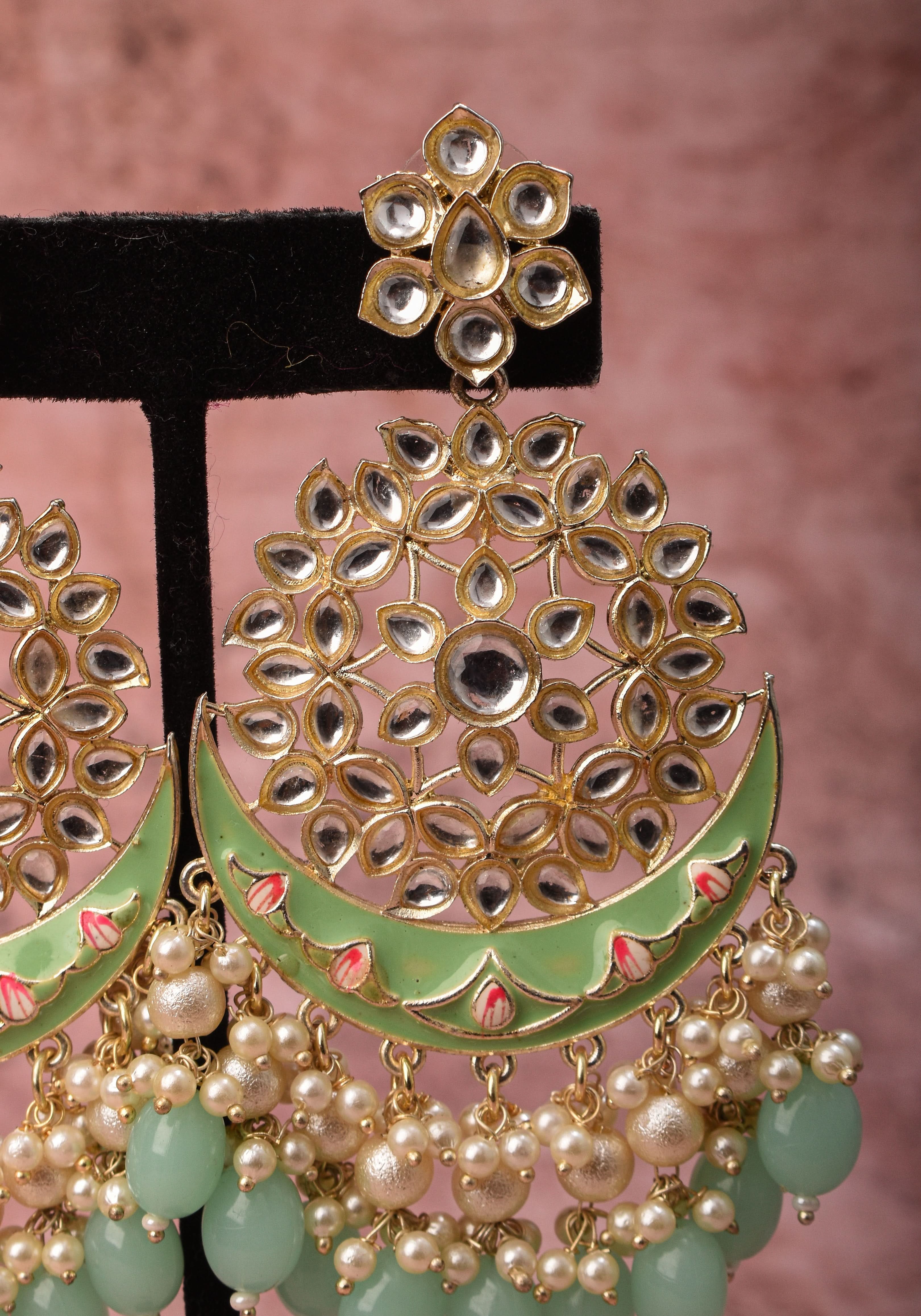 Ahmedabadi Kundan Chandbali earrings with White stones and Dangling Beads | SHOBITAM