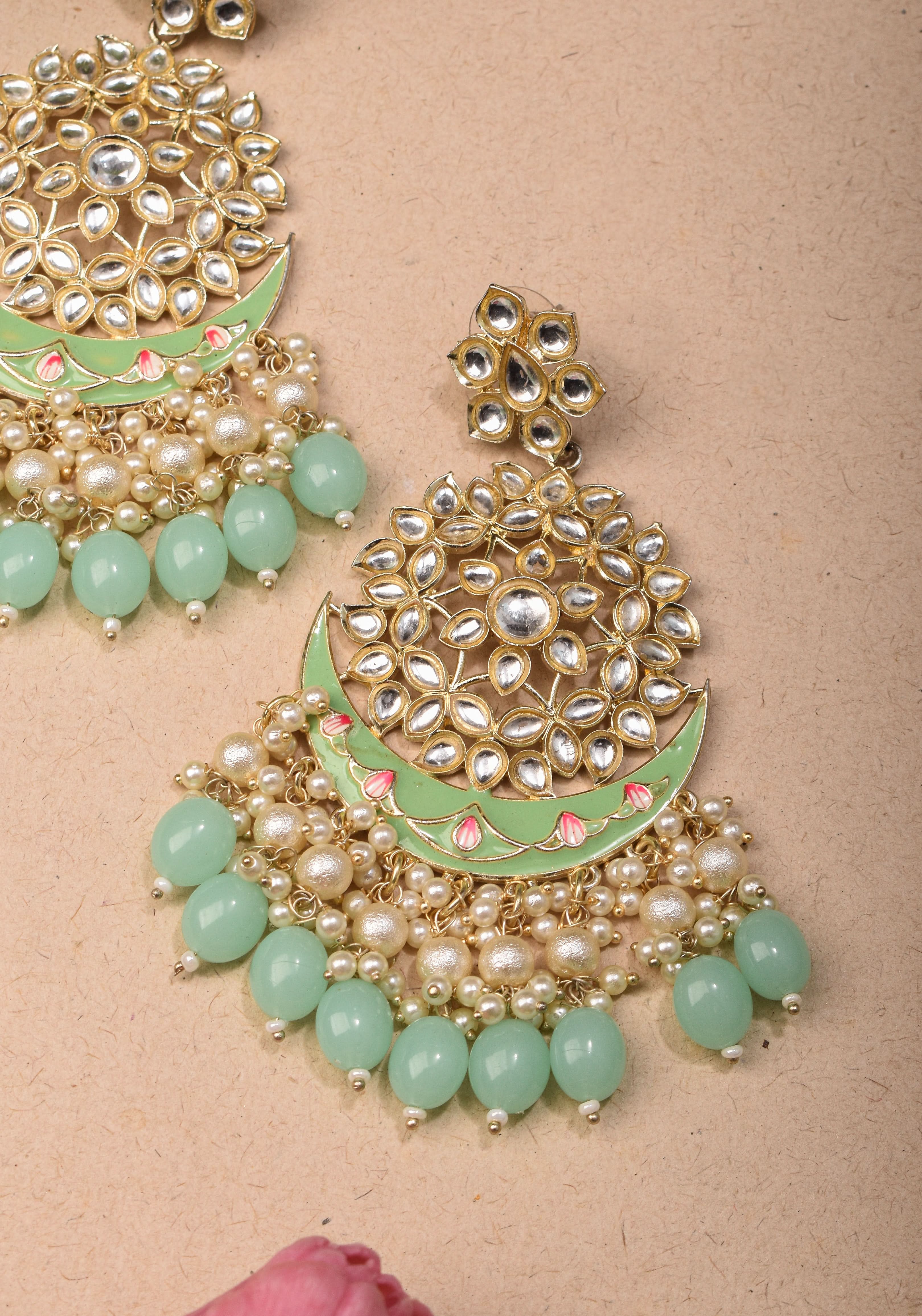 Ahmedabadi Kundan Chandbali earrings with White stones and Dangling Beads | SHOBITAM