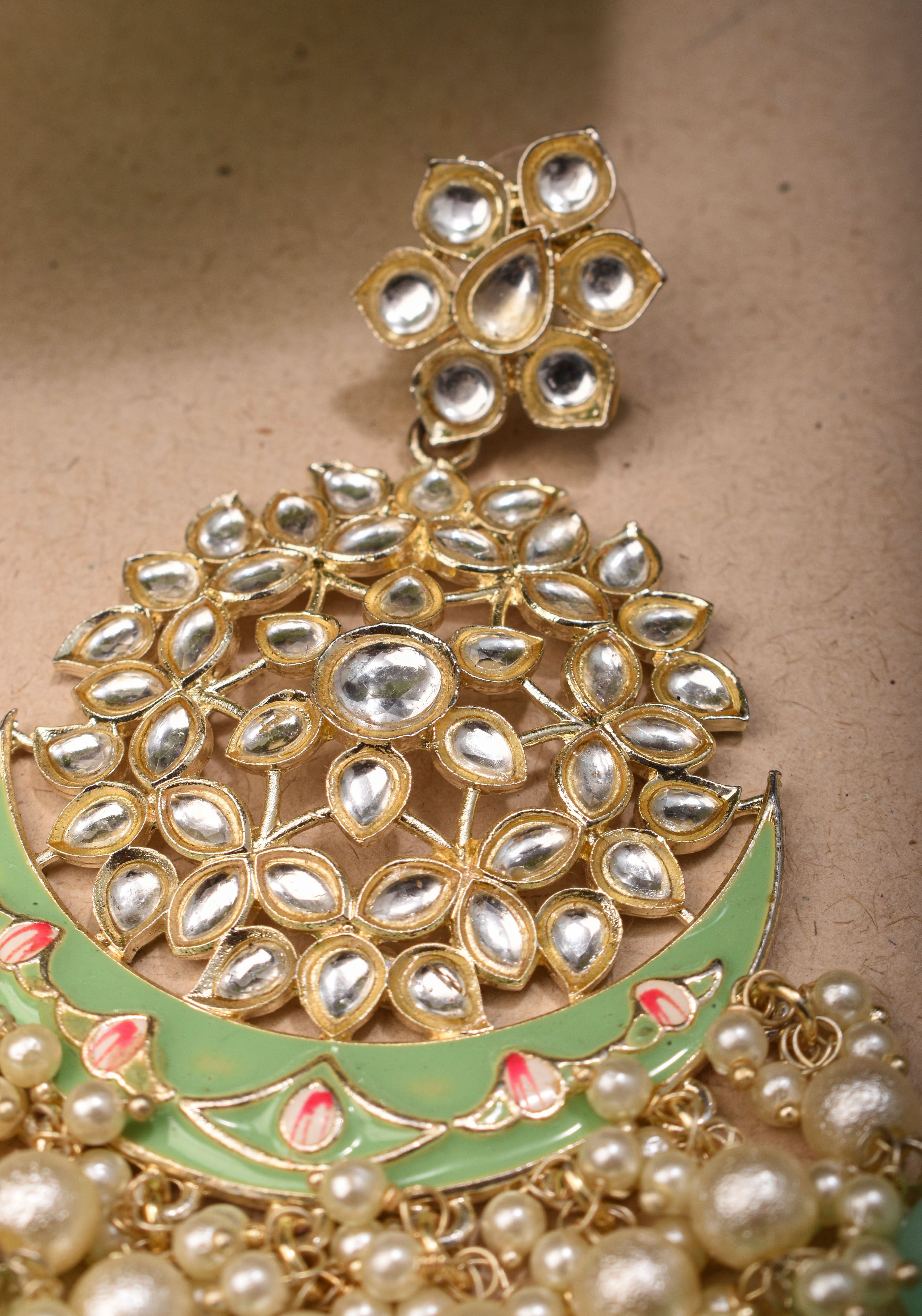 Ahmedabadi Kundan Chandbali earrings with White stones and Dangling Beads | SHOBITAM