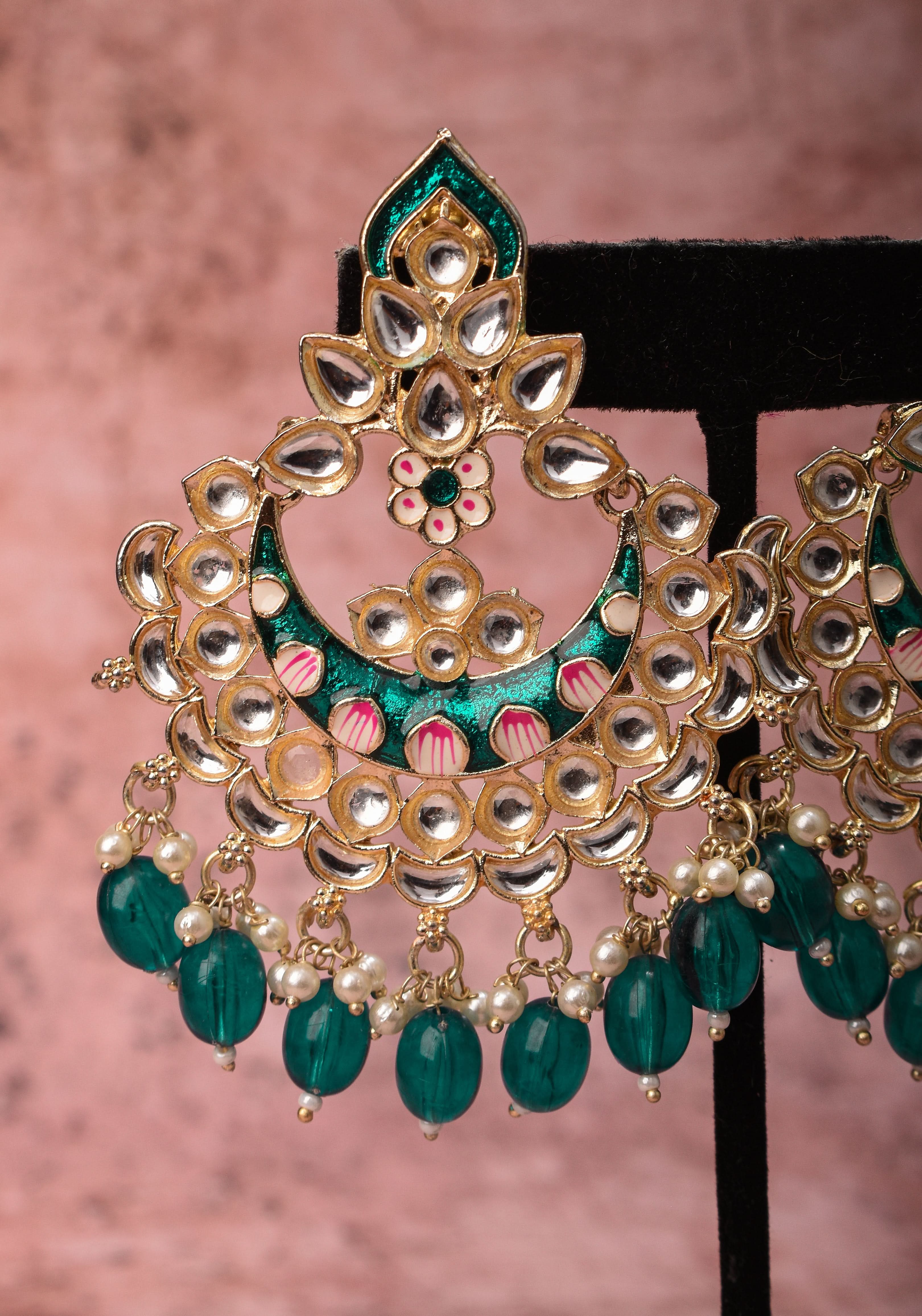 Ahmedabadi Kundan Chandbali earrings with White stones and Dangling Beads | Shobitam