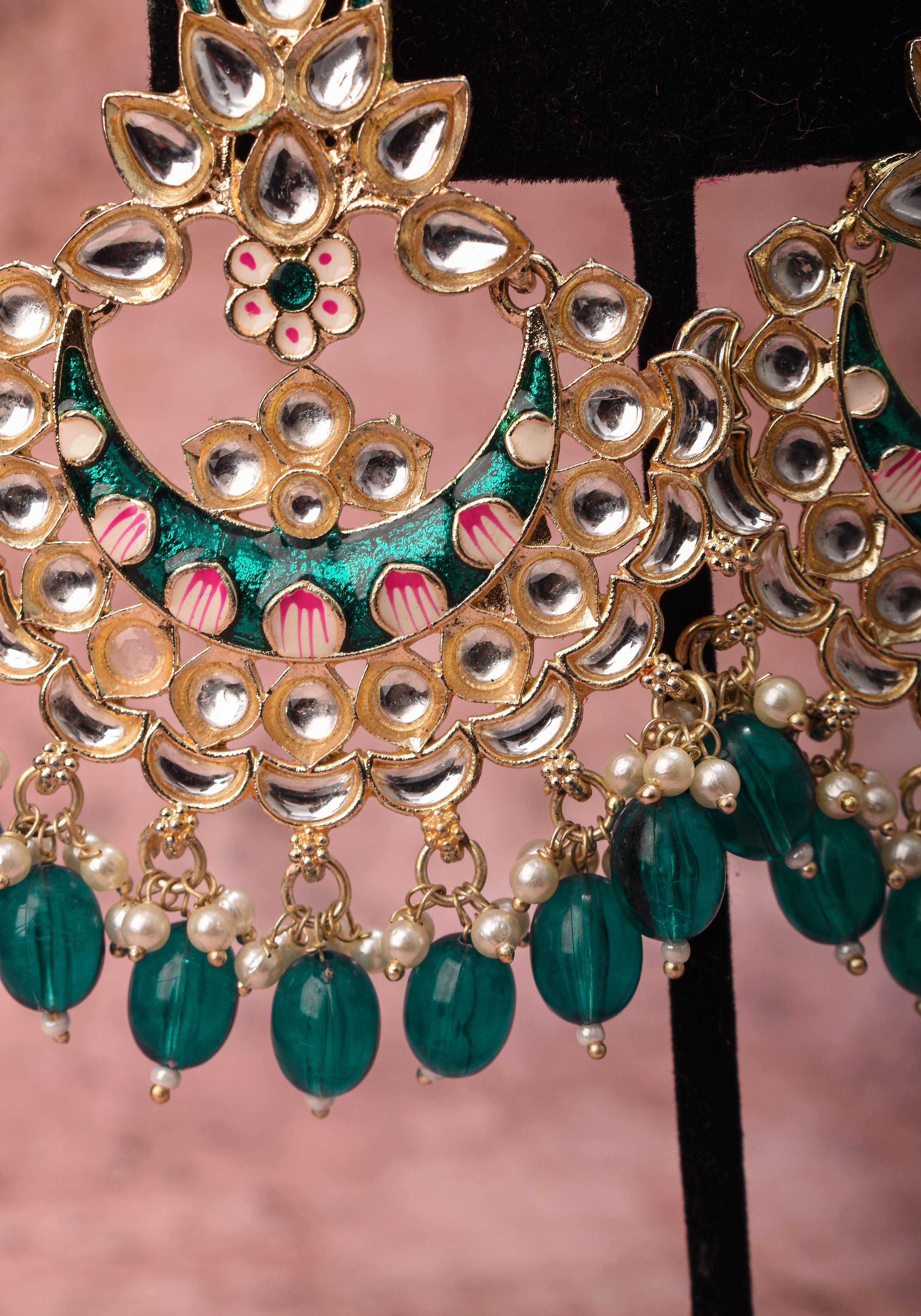 Ahmedabadi Kundan Chandbali earrings with White stones and Dangling Beads | Shobitam