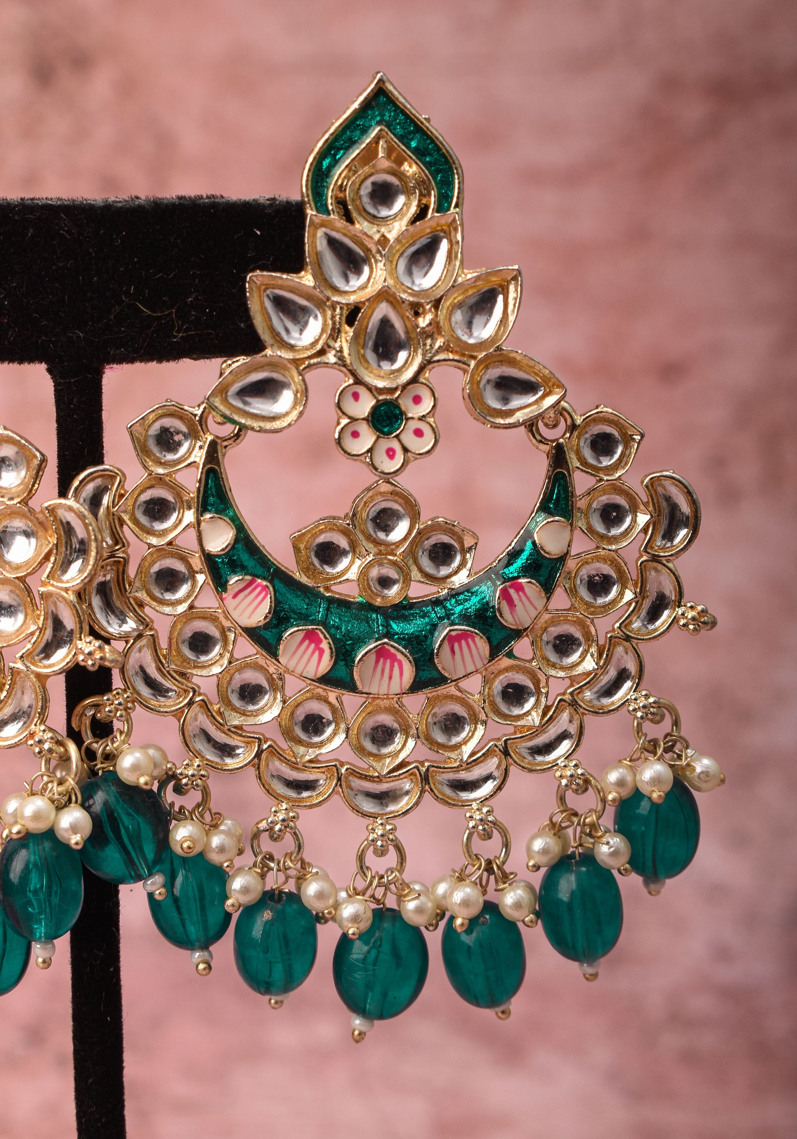 Ahmedabadi Kundan Chandbali earrings with White stones and Dangling Beads | Shobitam