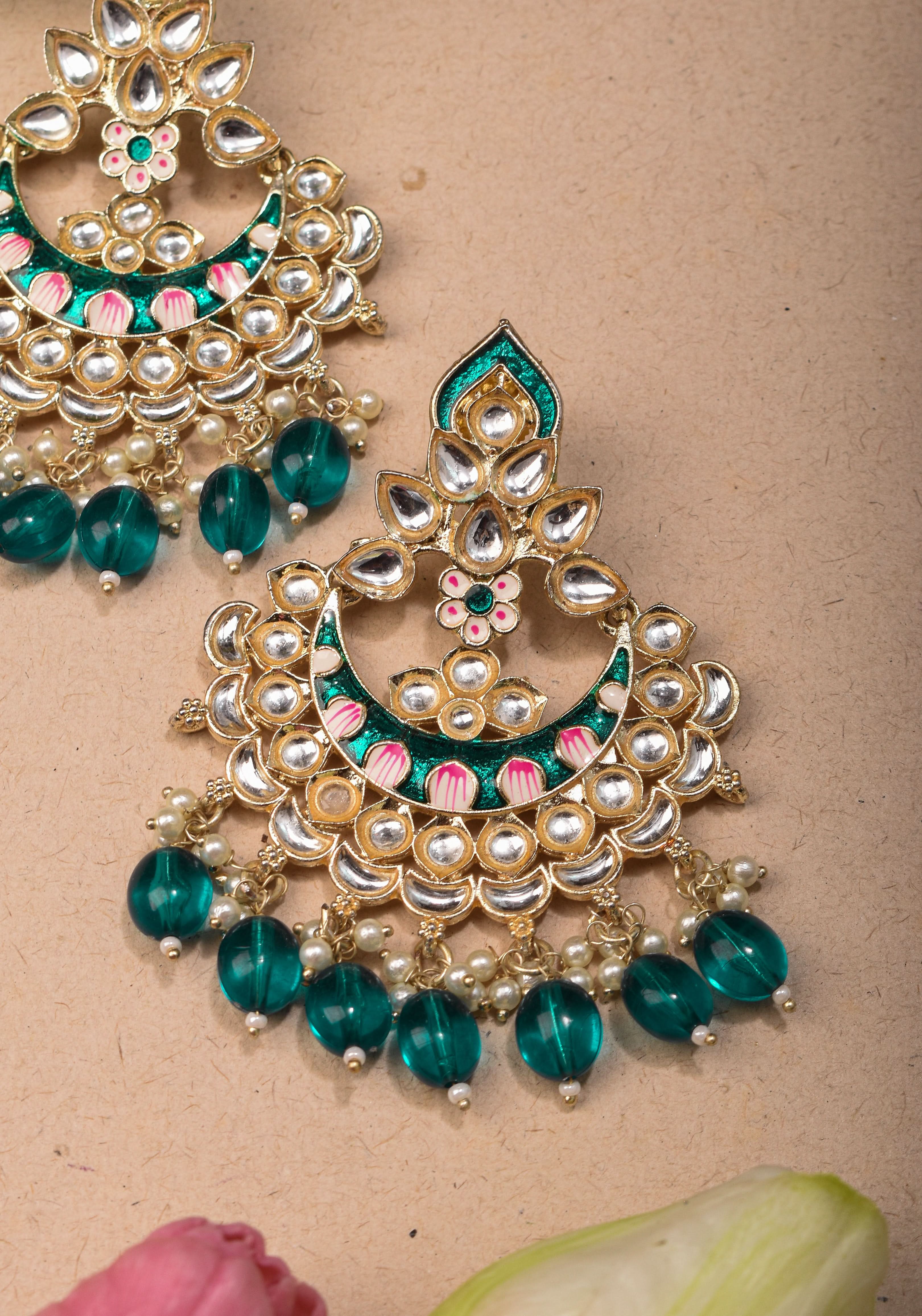 Ahmedabadi Kundan Chandbali earrings with White stones and Dangling Beads | Shobitam