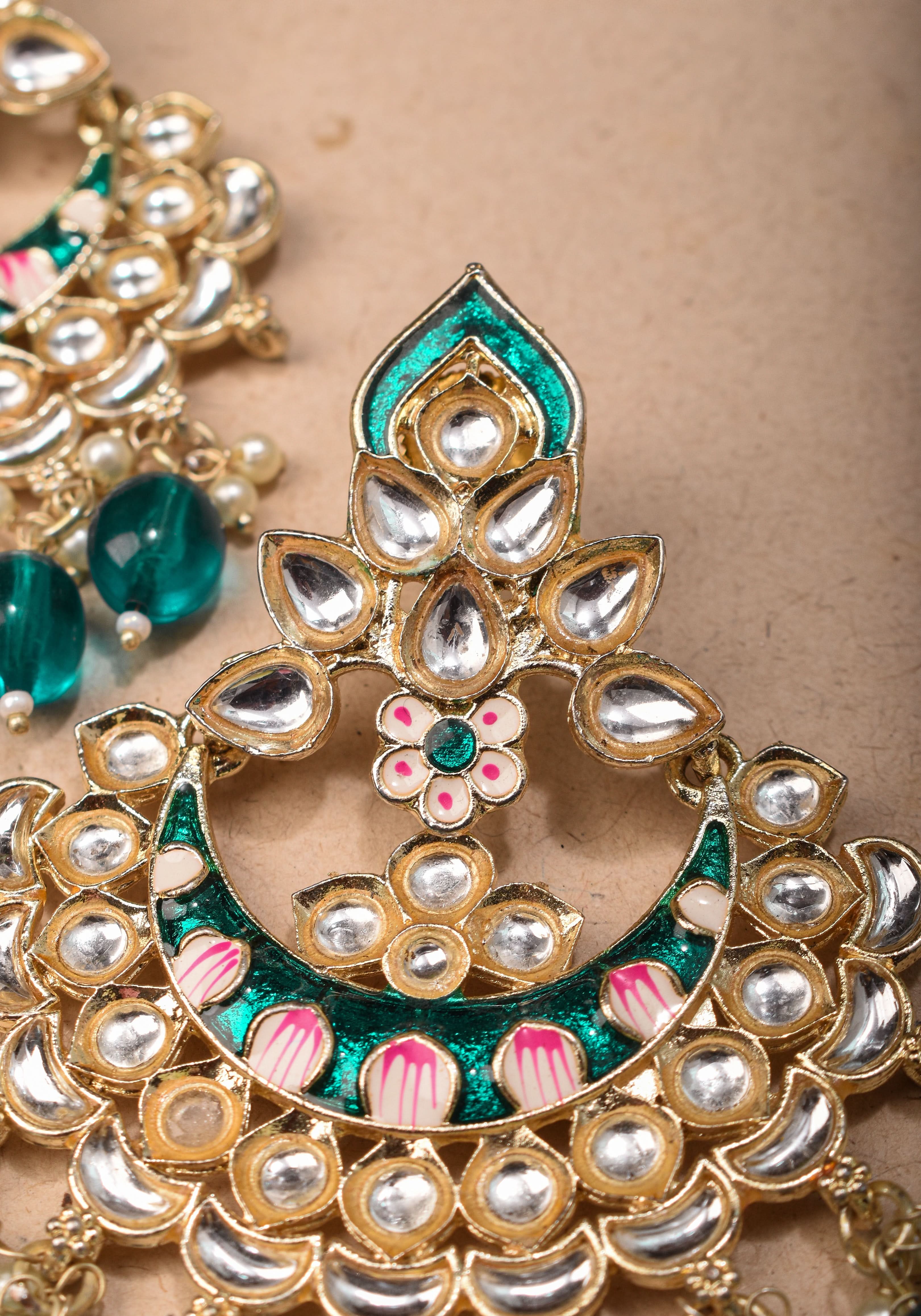 Ahmedabadi Kundan Chandbali earrings with White stones and Dangling Beads | Shobitam