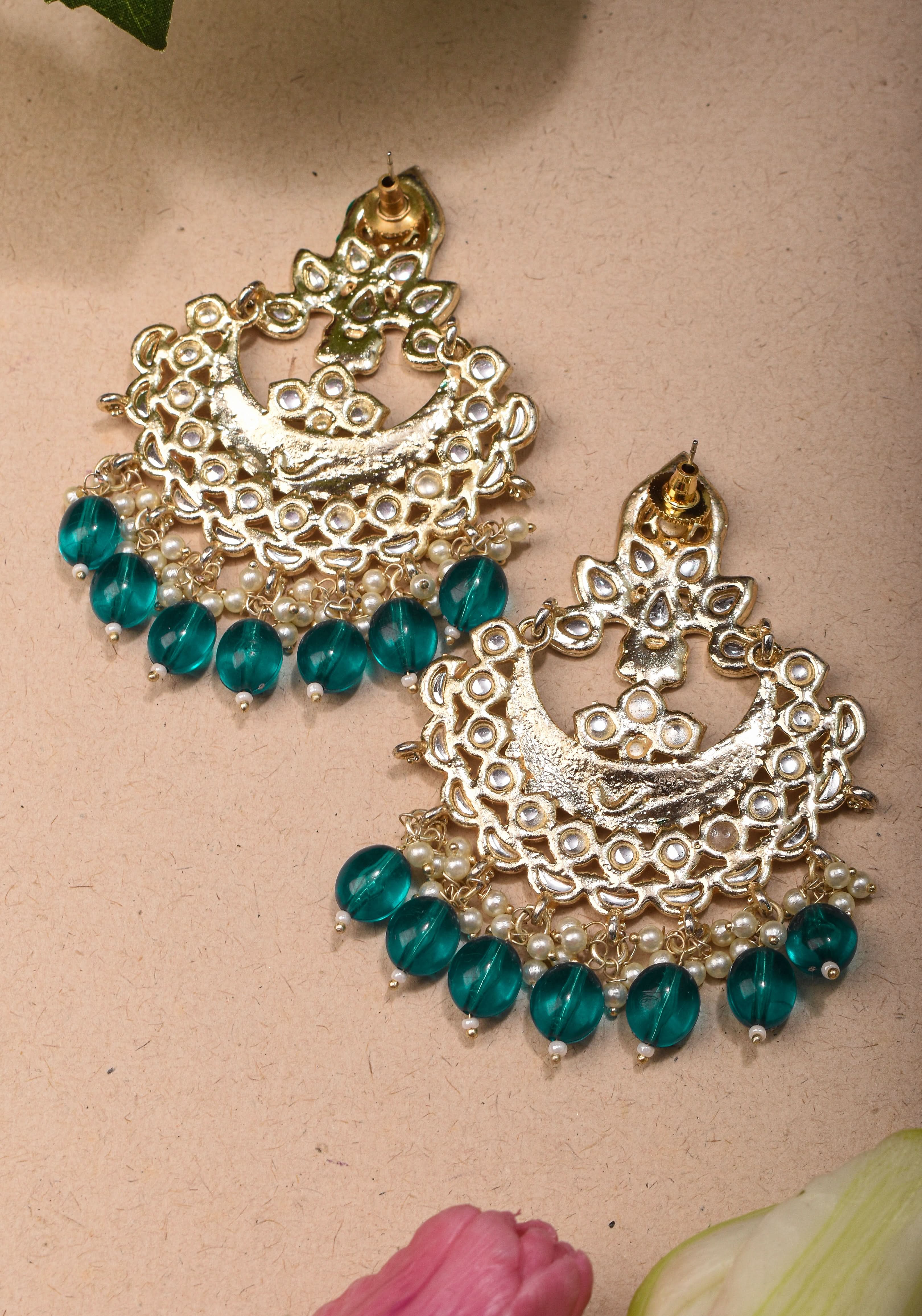 Ahmedabadi Kundan Chandbali earrings with White stones and Dangling Beads | Shobitam