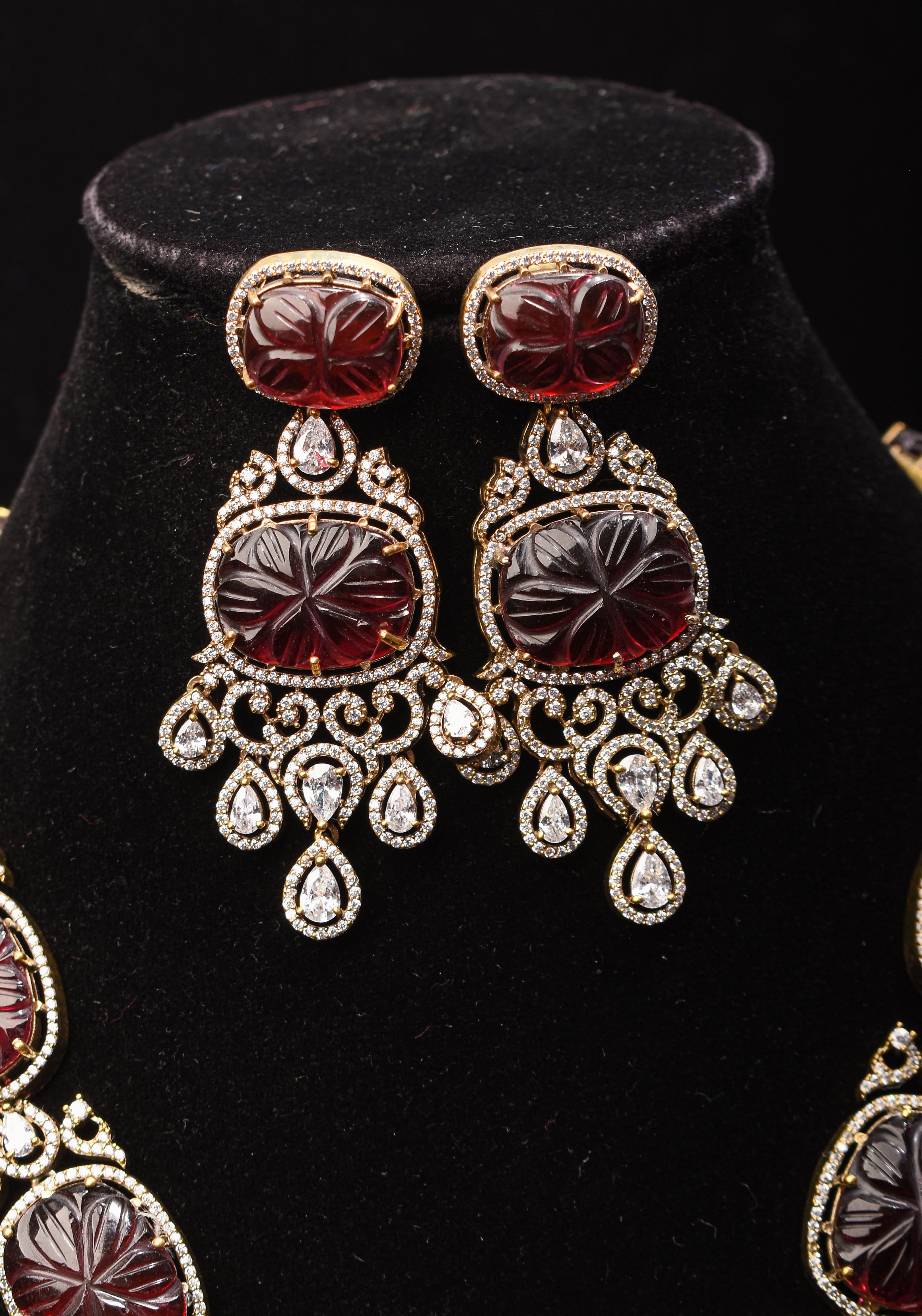 Maroon Tone Carved Rounded Rectangular Cut Stone Necklace in Victorian finish | Shobitam Jewelry