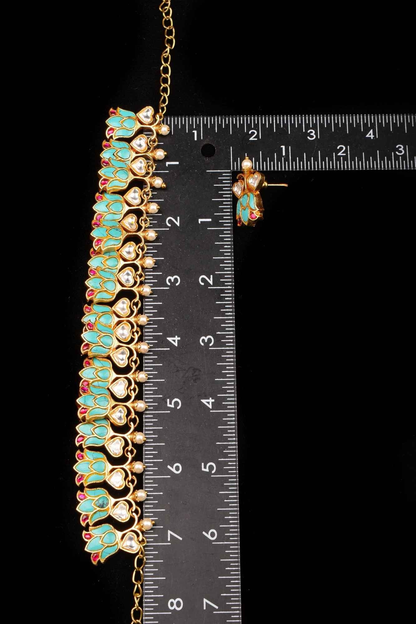 Falling Lotus Design Jadau Necklace Set in Cyan