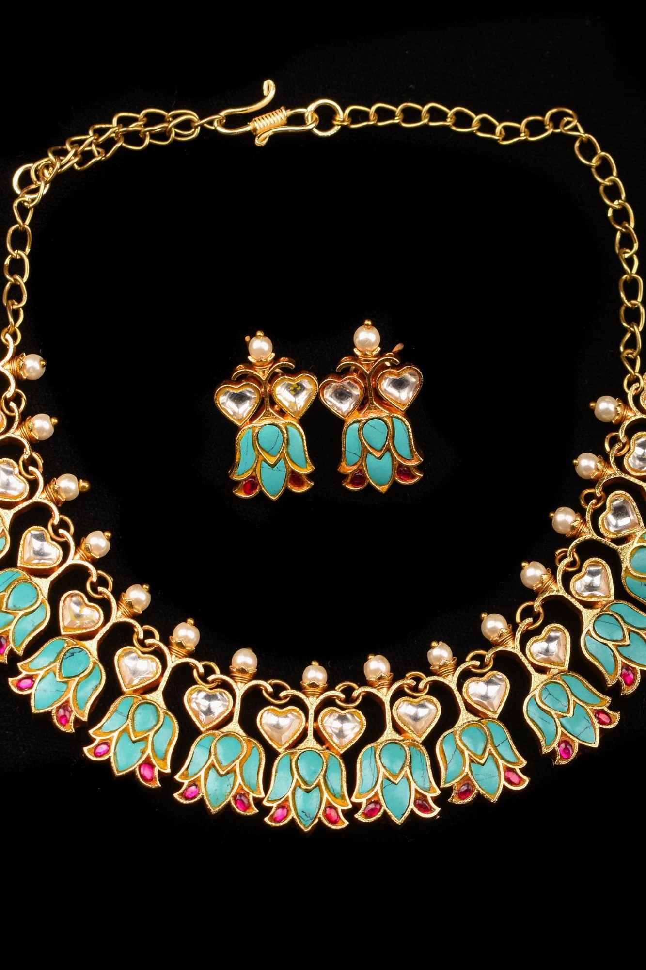 Falling Lotus Design Jadau Necklace Set in Cyan