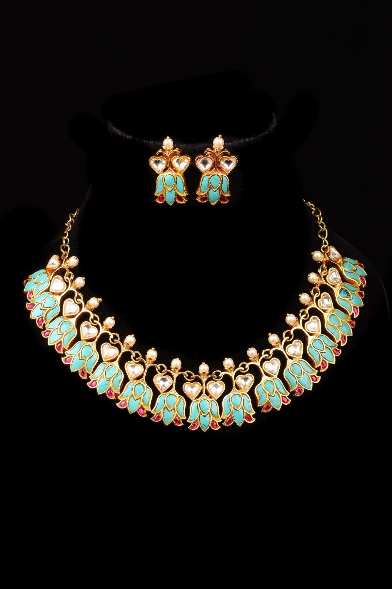 Falling Lotus Design Jadau Necklace Set in Cyan