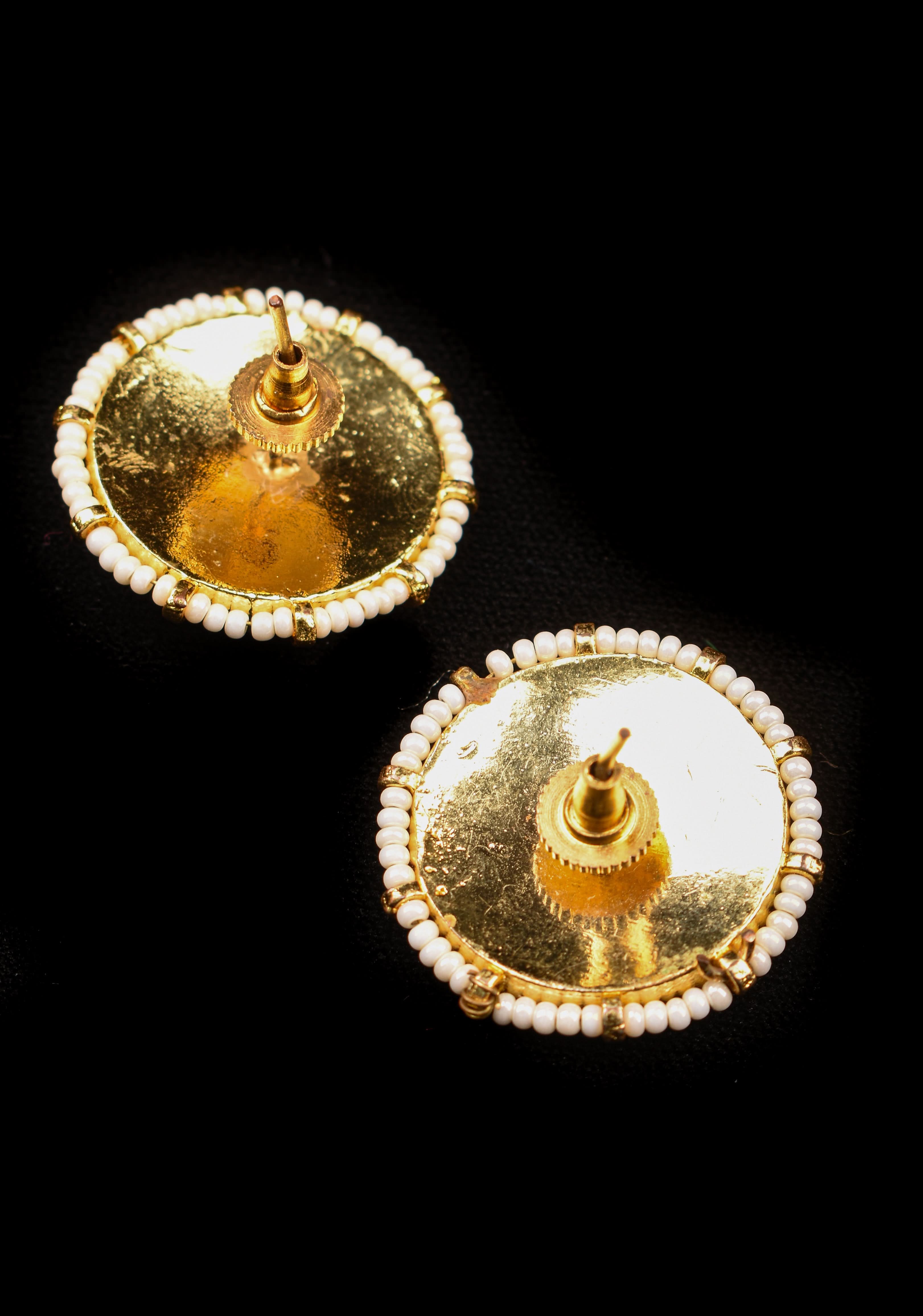 1.1" Jadau Green and White Stones Handmade Studs with White Beads | Shobitam