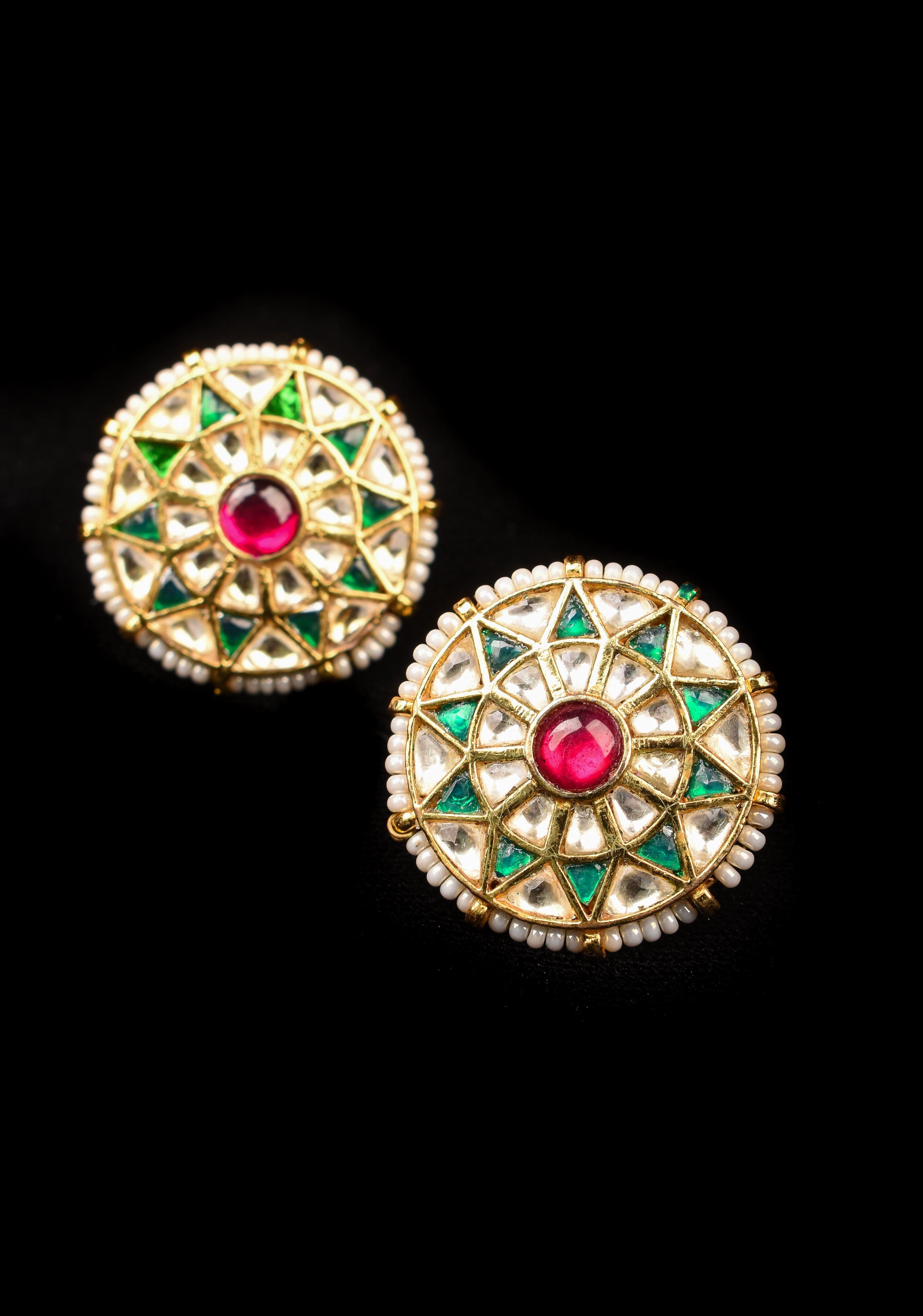 1.1" Jadau Green and White Stones Handmade Studs with White Beads | Shobitam