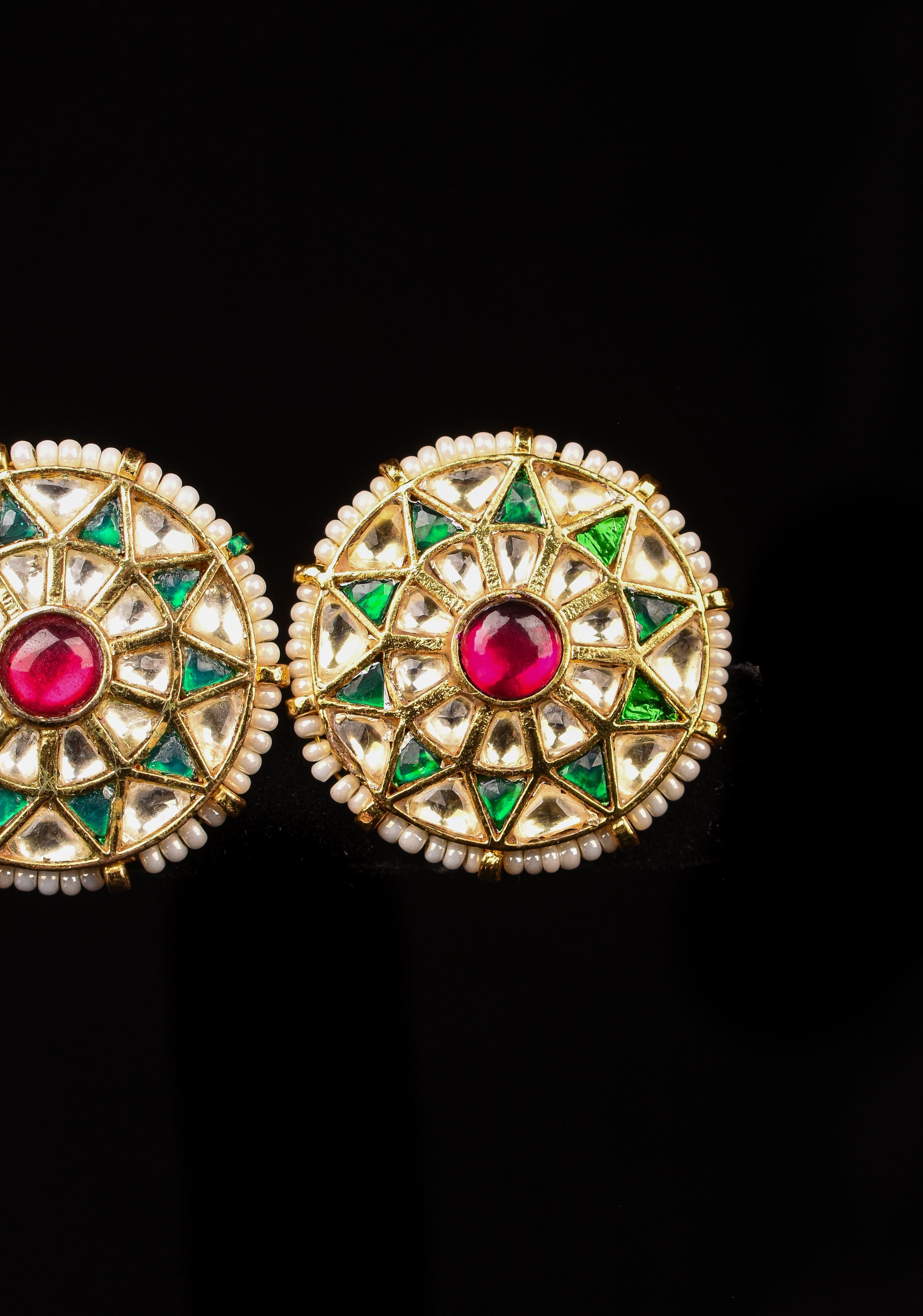 1.1" Jadau Green and White Stones Handmade Studs with White Beads | Shobitam