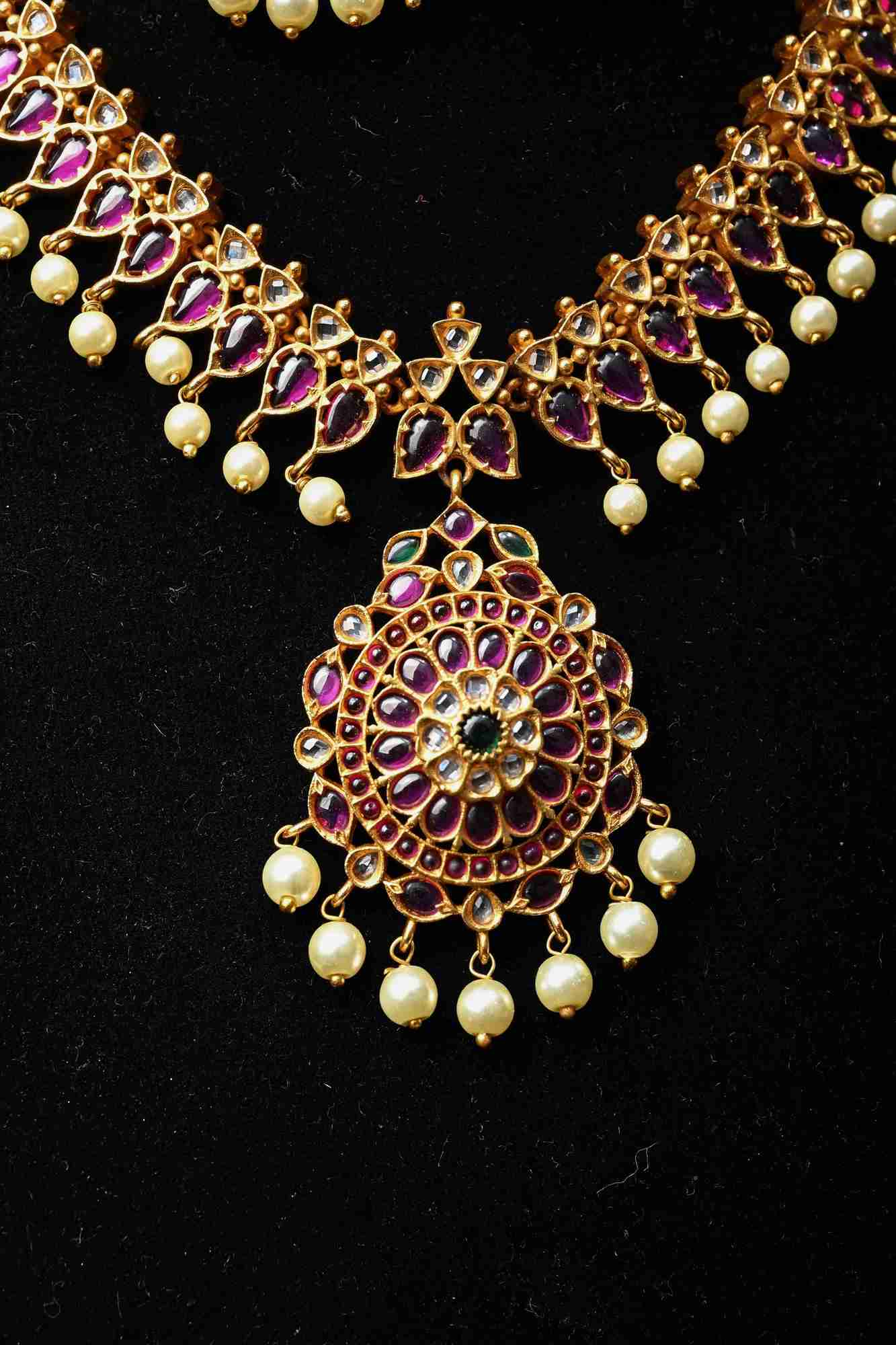 Traditional Temple Jadau Necklace Set with Mandala Pendant and kemp and Pearl Accents