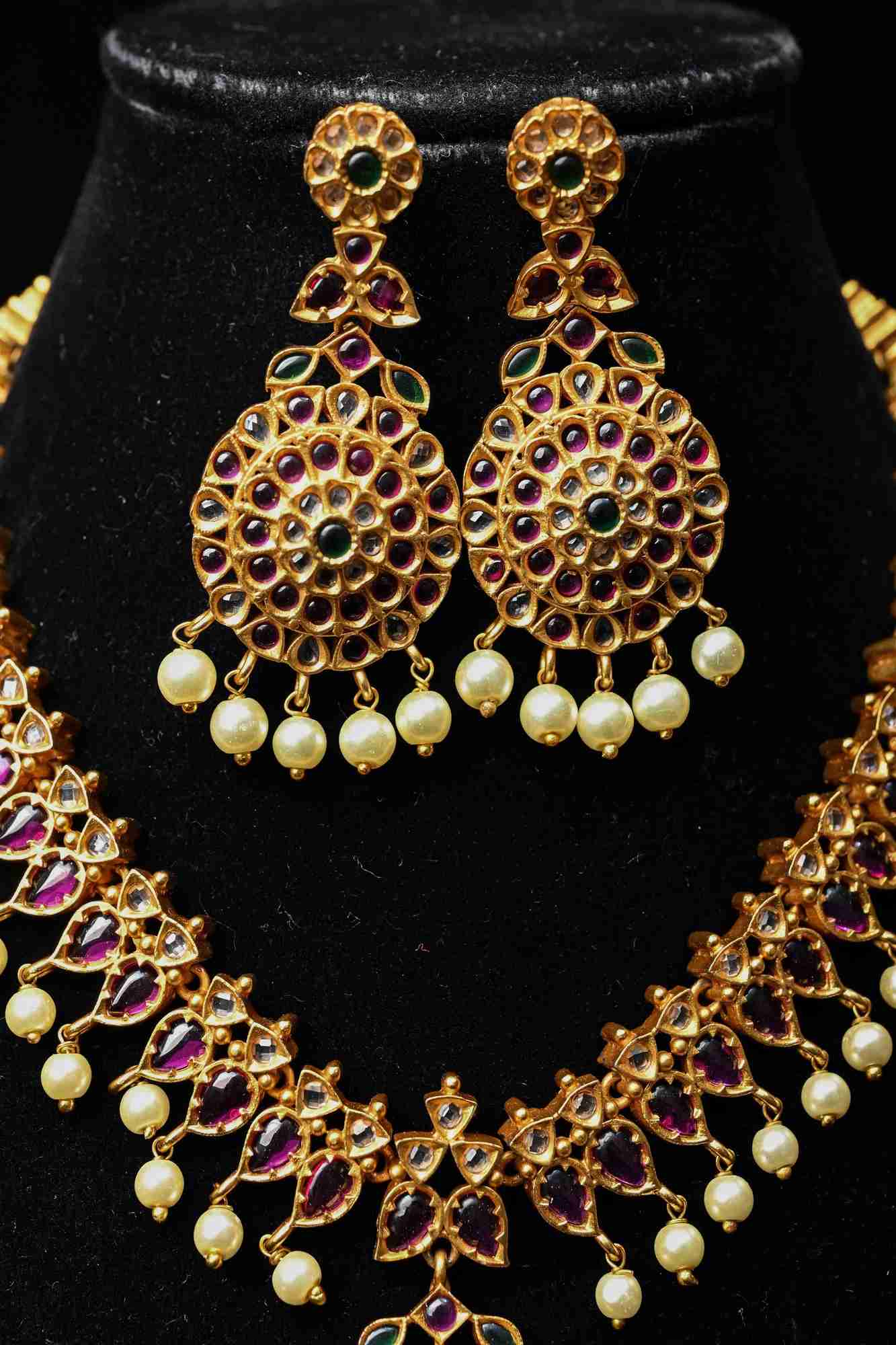 Traditional Temple Jadau Necklace Set with Mandala Pendant and kemp and Pearl Accents