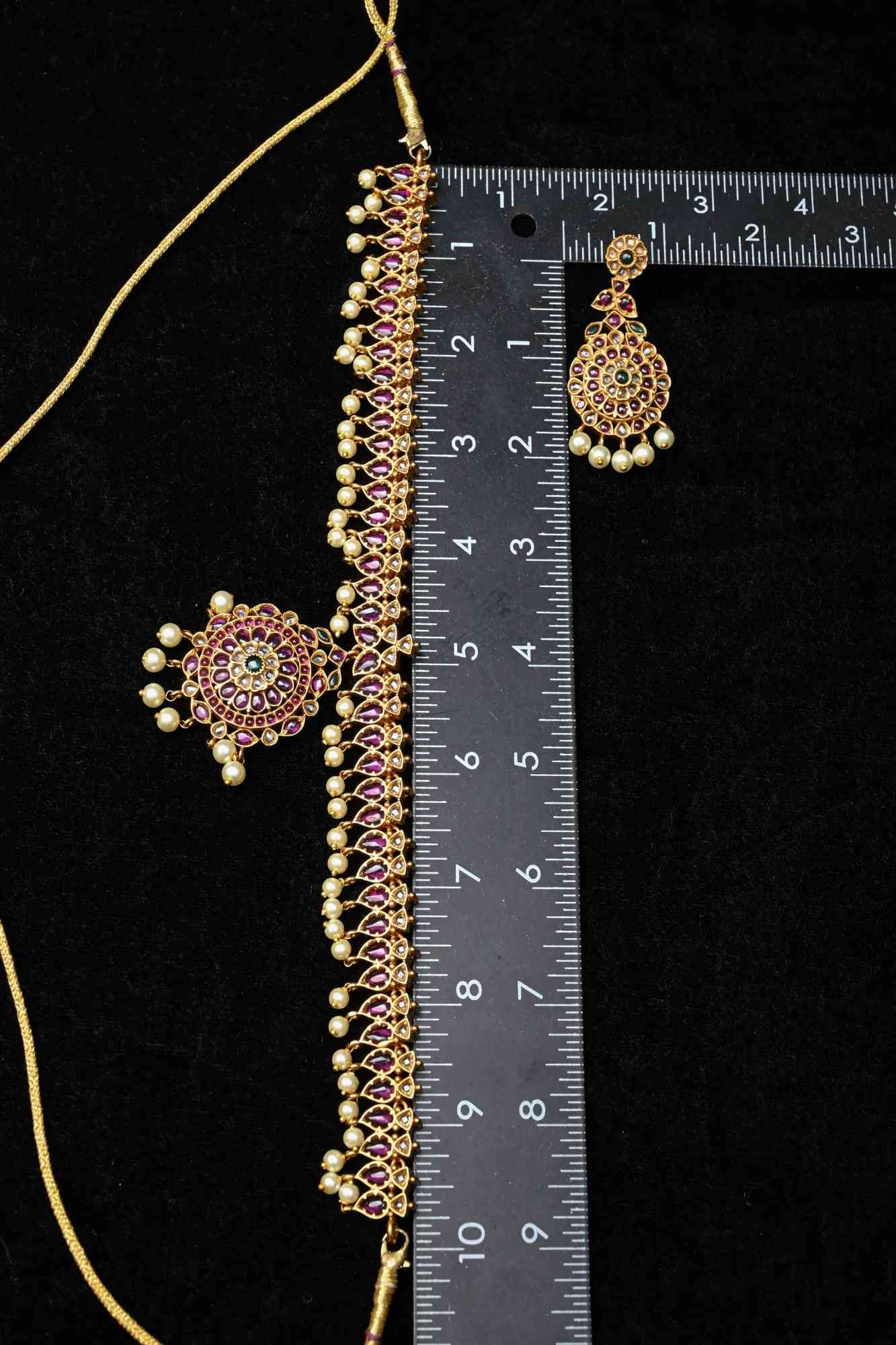 Traditional Temple Jadau Necklace Set with Mandala Pendant and kemp and Pearl Accents
