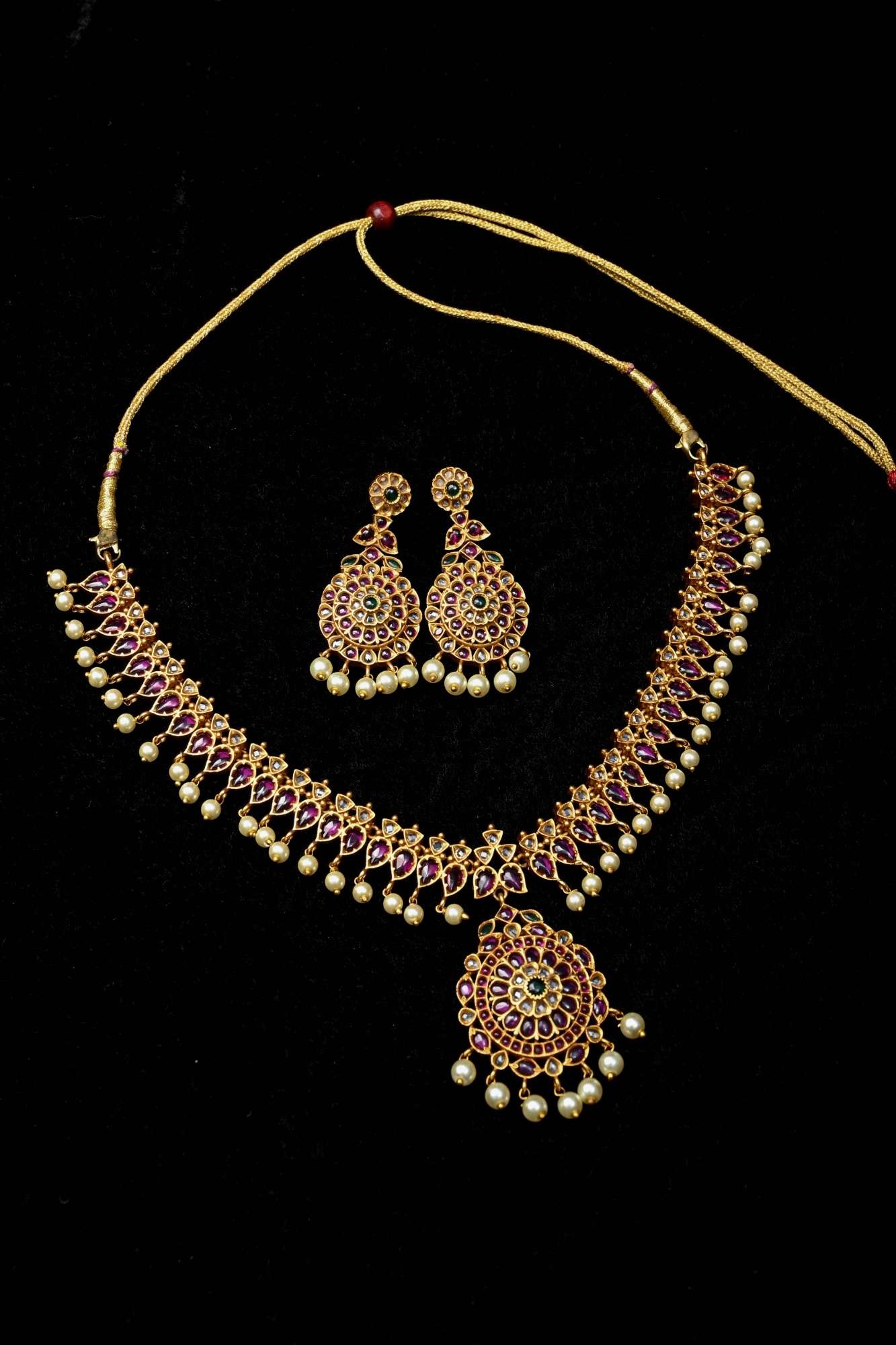 Traditional Temple Jadau Necklace Set with Mandala Pendant and kemp and Pearl Accents