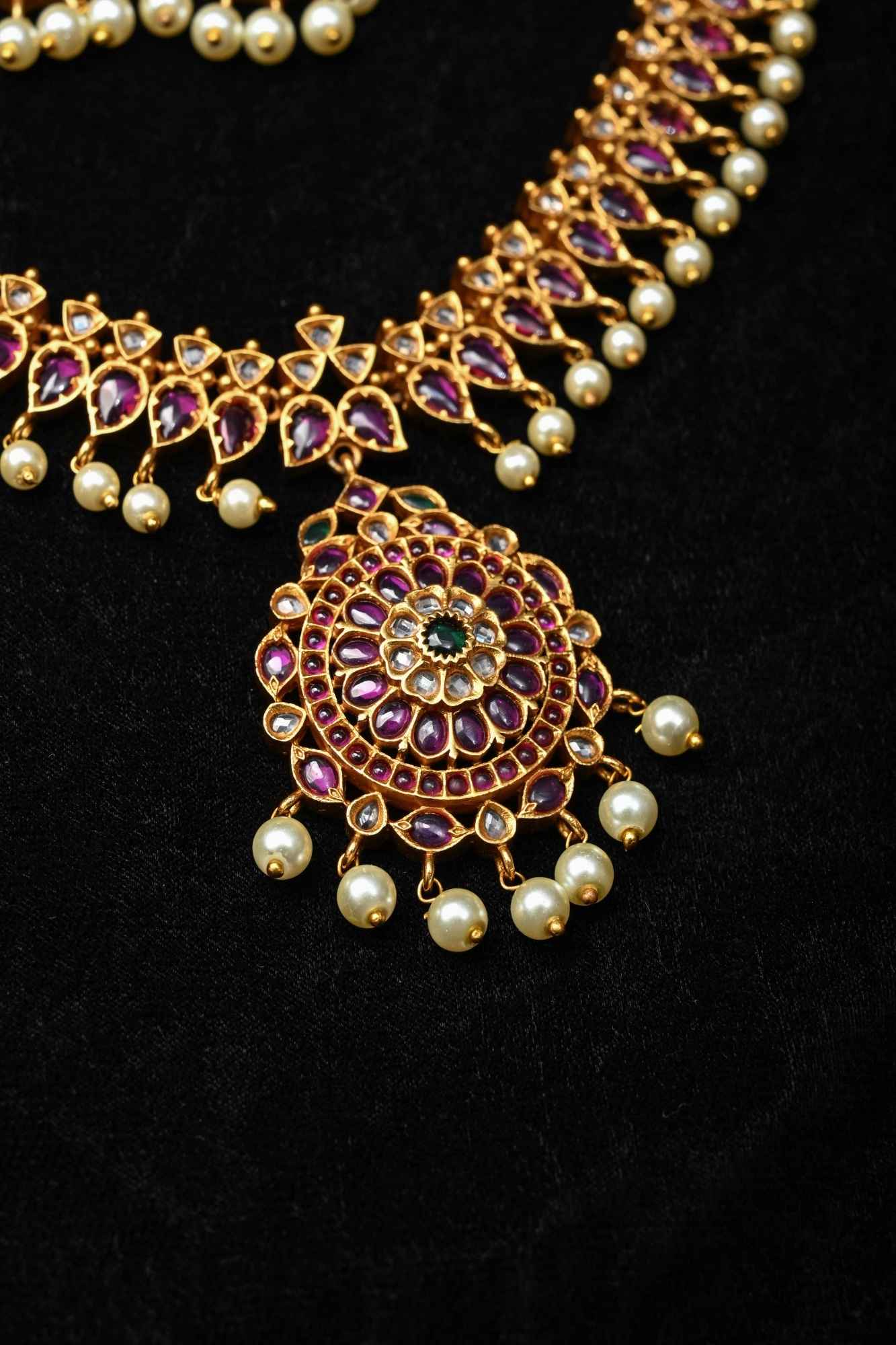 Traditional Temple Jadau Necklace Set with Mandala Pendant and kemp and Pearl Accents