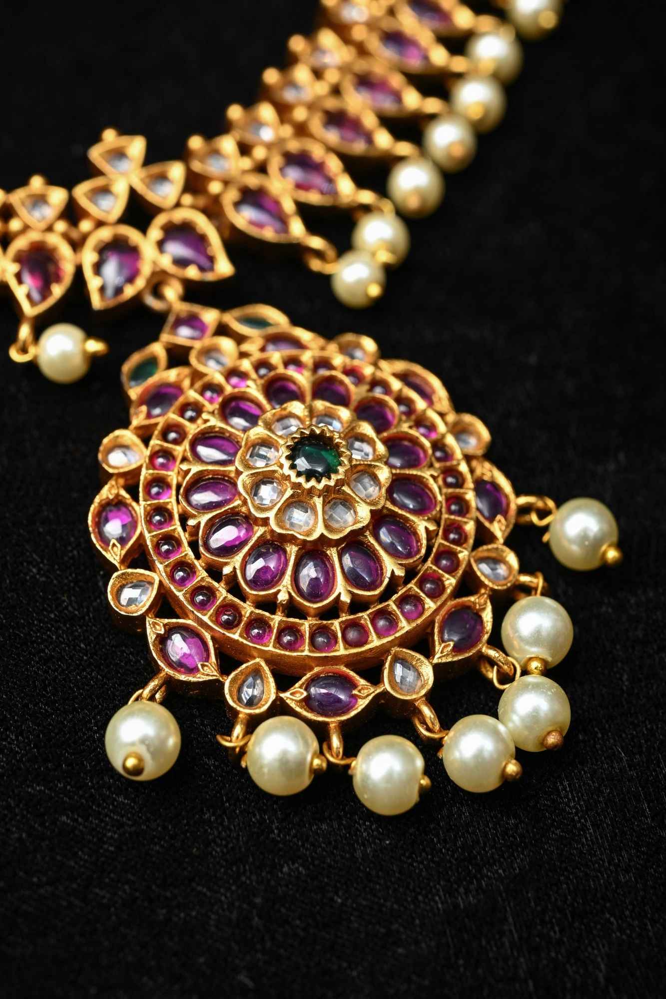 Traditional Temple Jadau Necklace Set with Mandala Pendant and kemp and Pearl Accents