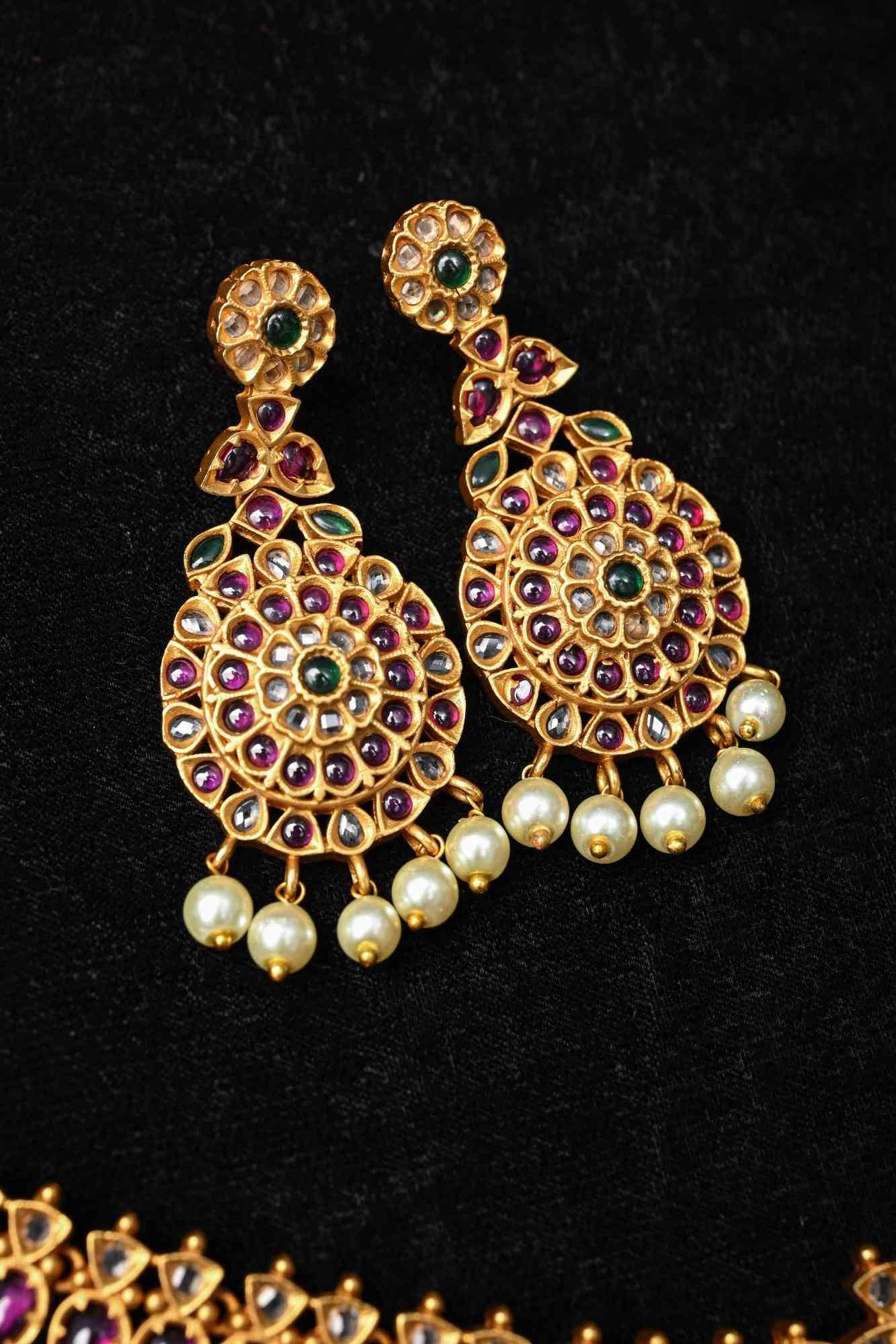 Traditional Temple Jadau Necklace Set with Mandala Pendant and kemp and Pearl Accents