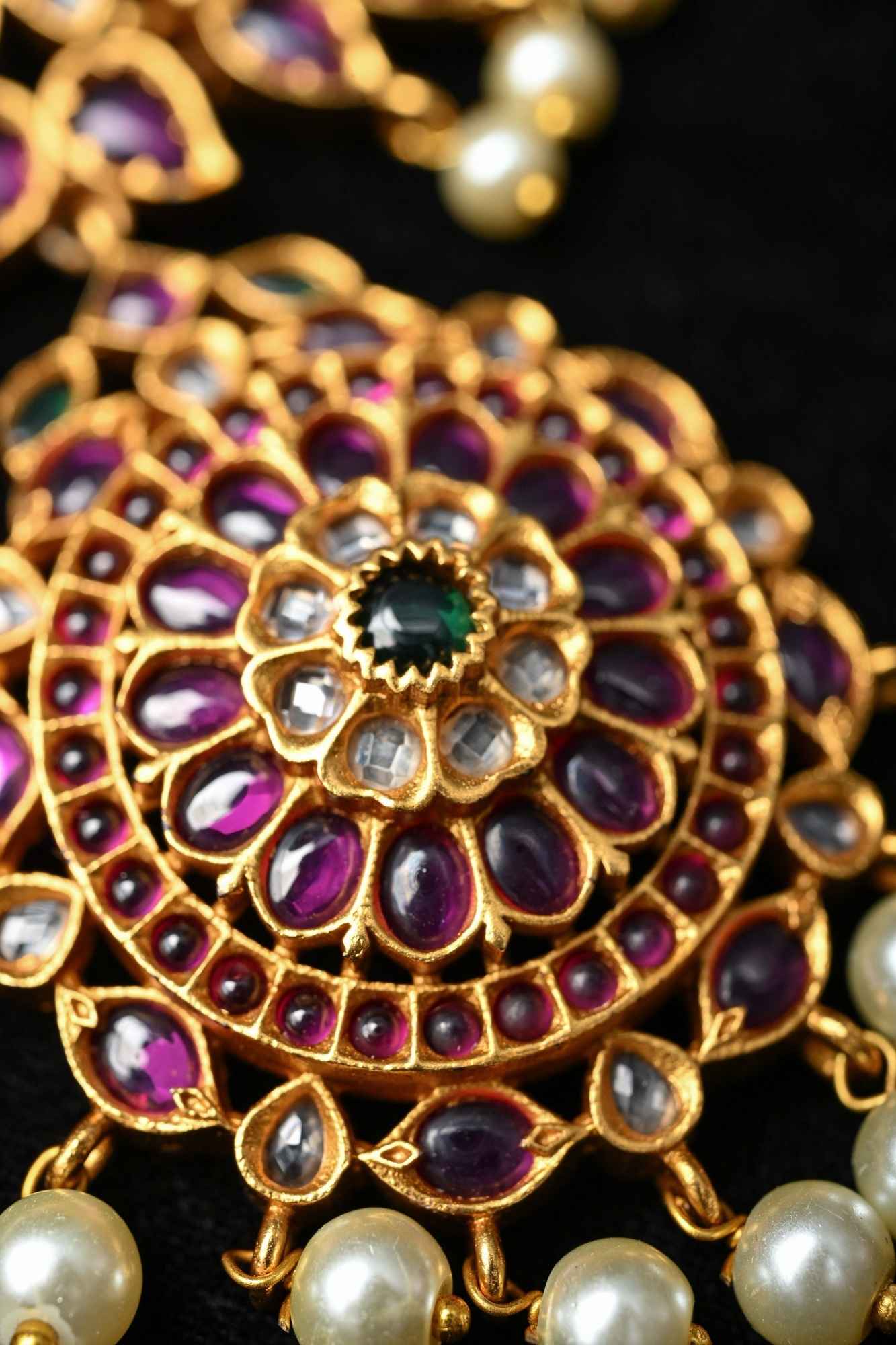 Traditional Temple Jadau Necklace Set with Mandala Pendant and kemp and Pearl Accents