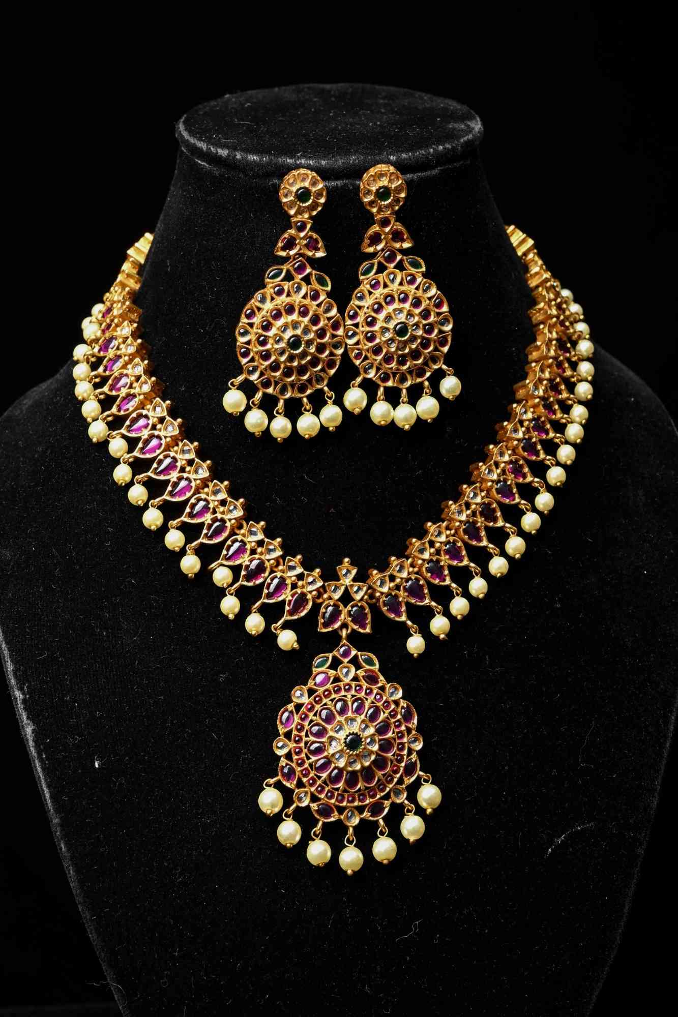 Traditional Temple Jadau Necklace Set with Mandala Pendant and kemp and Pearl Accents