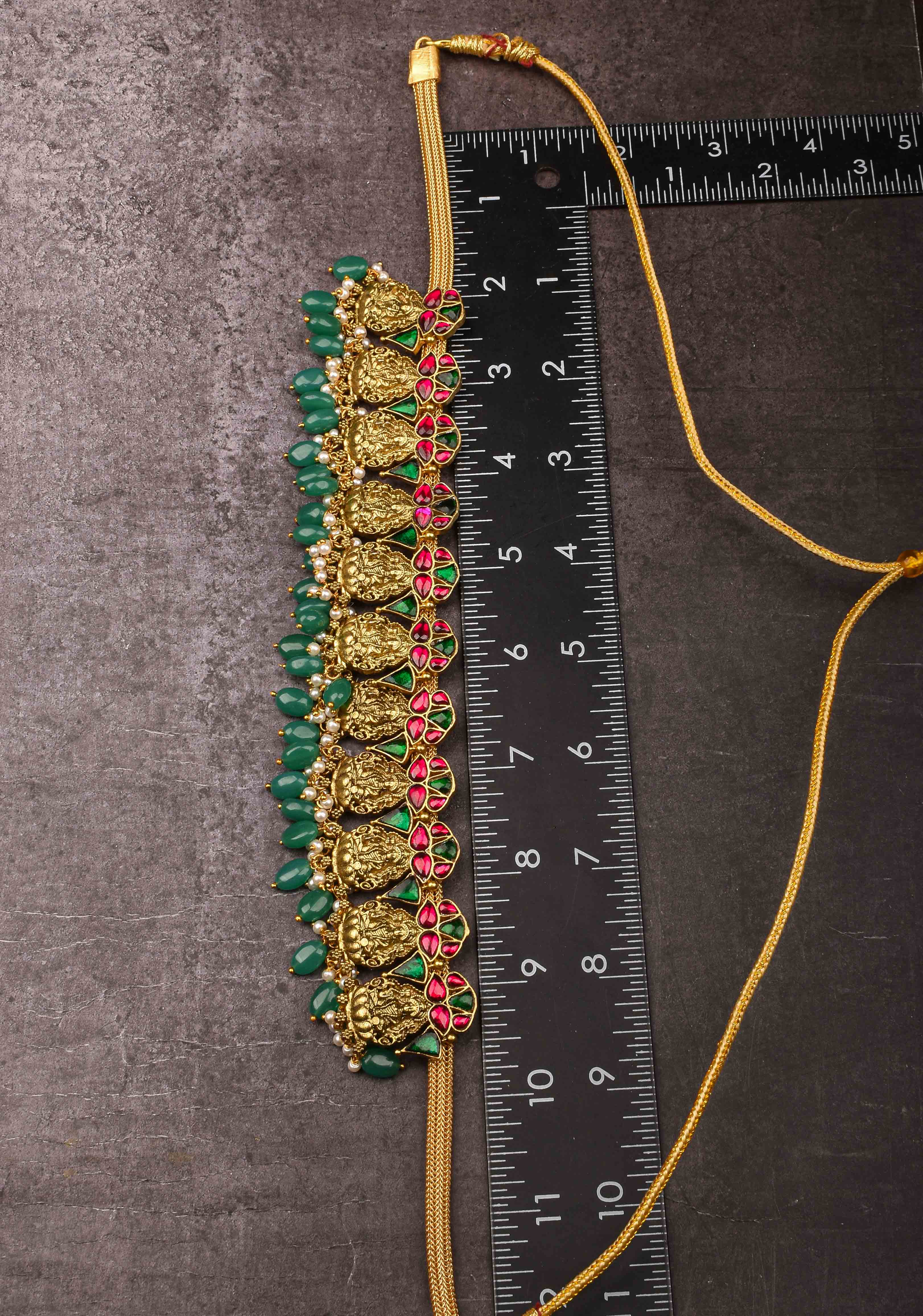 Nagas Lakshmi Necklace with Multicolor stone and green dangling beads | SHOBITAM